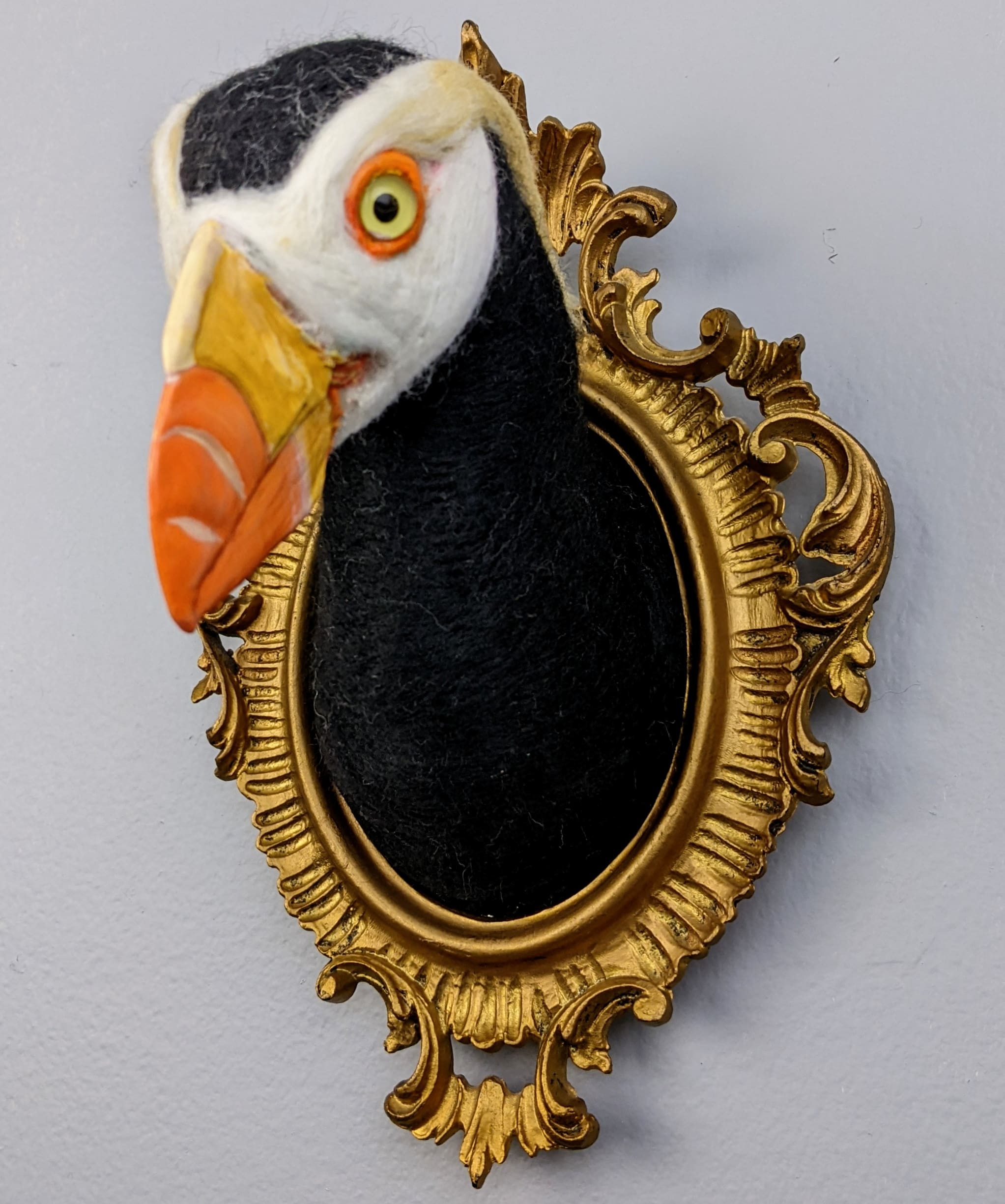 Tufted PuffinNeedle felted wool faux taxidermy5"x9"x5"2023Contact Unlucky Rabbit to Purchase