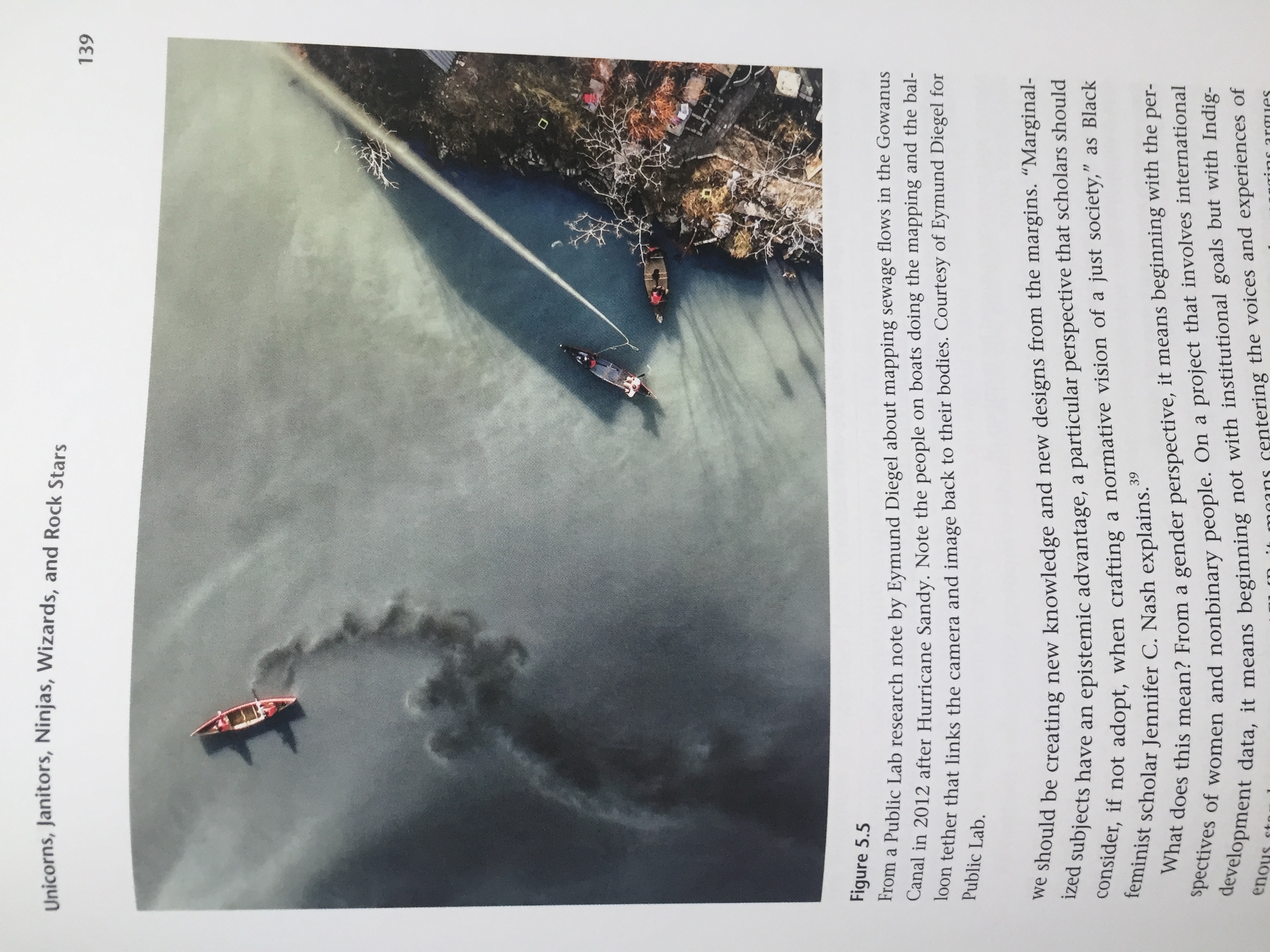 A Public Lab project by Eymund Diegel and his team. As described in the book Data Feminism, in the image "the mappers themselves are often visible in the final product in the form of little bodies, gathered in boats or standing in clumps on a shoreline, looking up at the camera above them. The balloon string leads the eye back to their forms. Here the creators are not distanced or absent but represented in the final product. Literally."