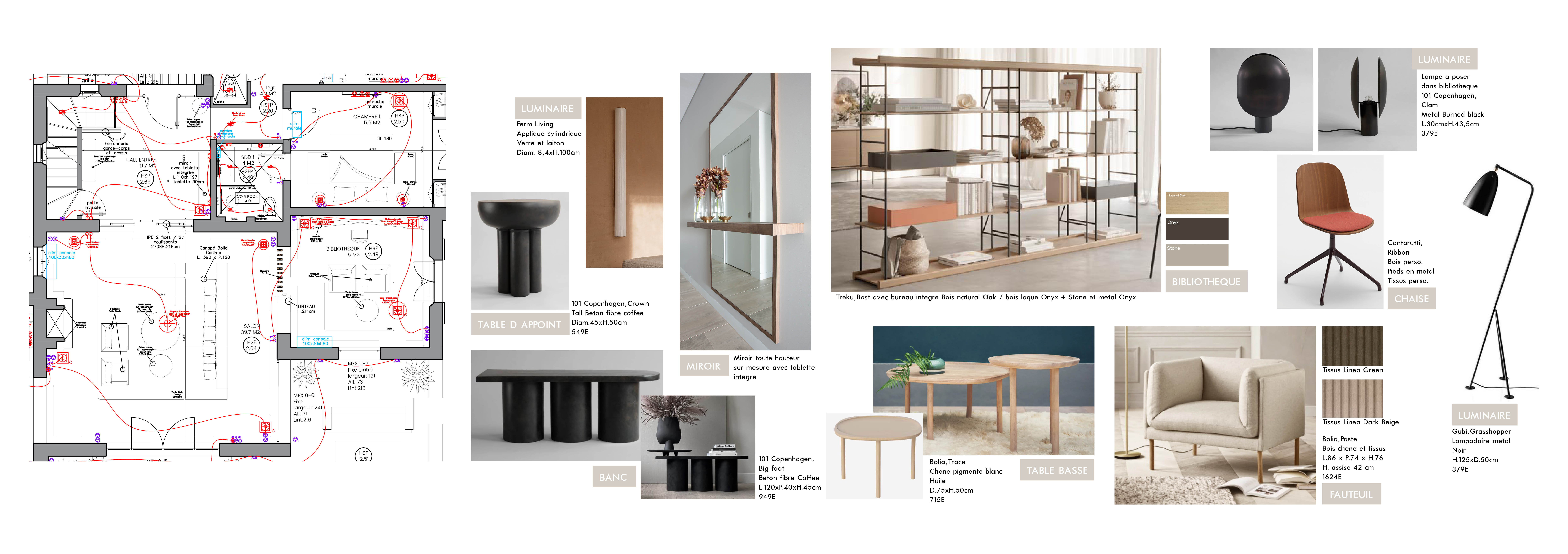 PLANCHE MOBILIER ESPACE ENTREE / BIBLIOTHEQUE