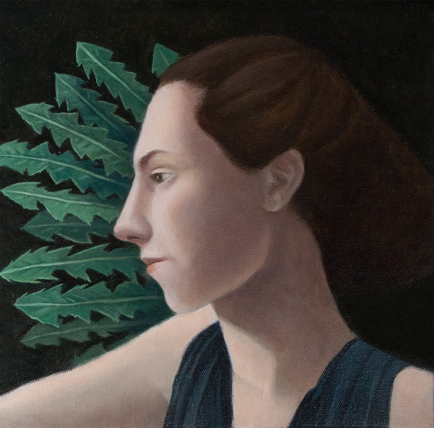 Profil aux pissenlits, huile sur toile, 30x30cm, 2020