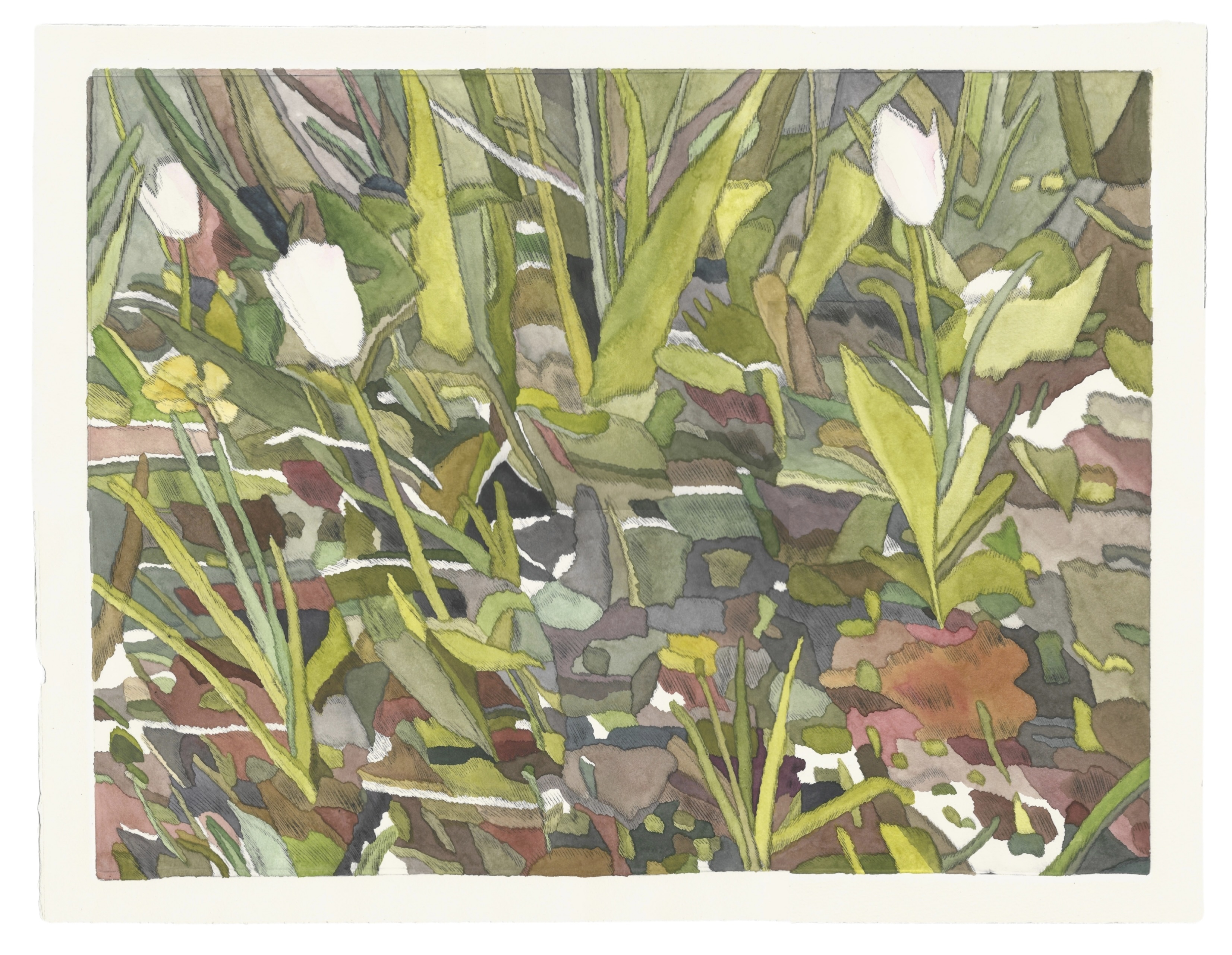 Spring Landscape, drypoint etching with watercolour on paper