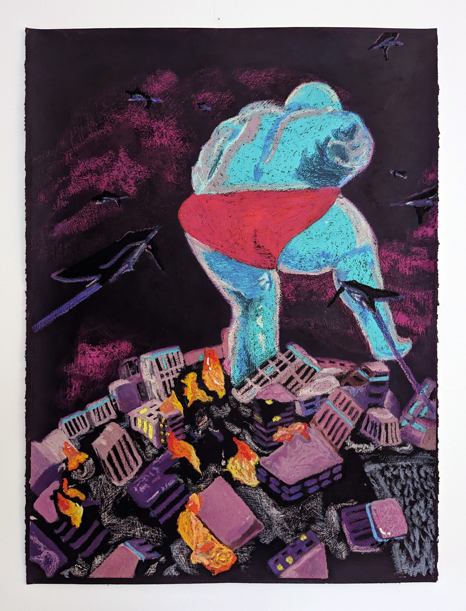 Magenta Rampage (Back View), 2023. 22" x 30". Oil pastel on paper.