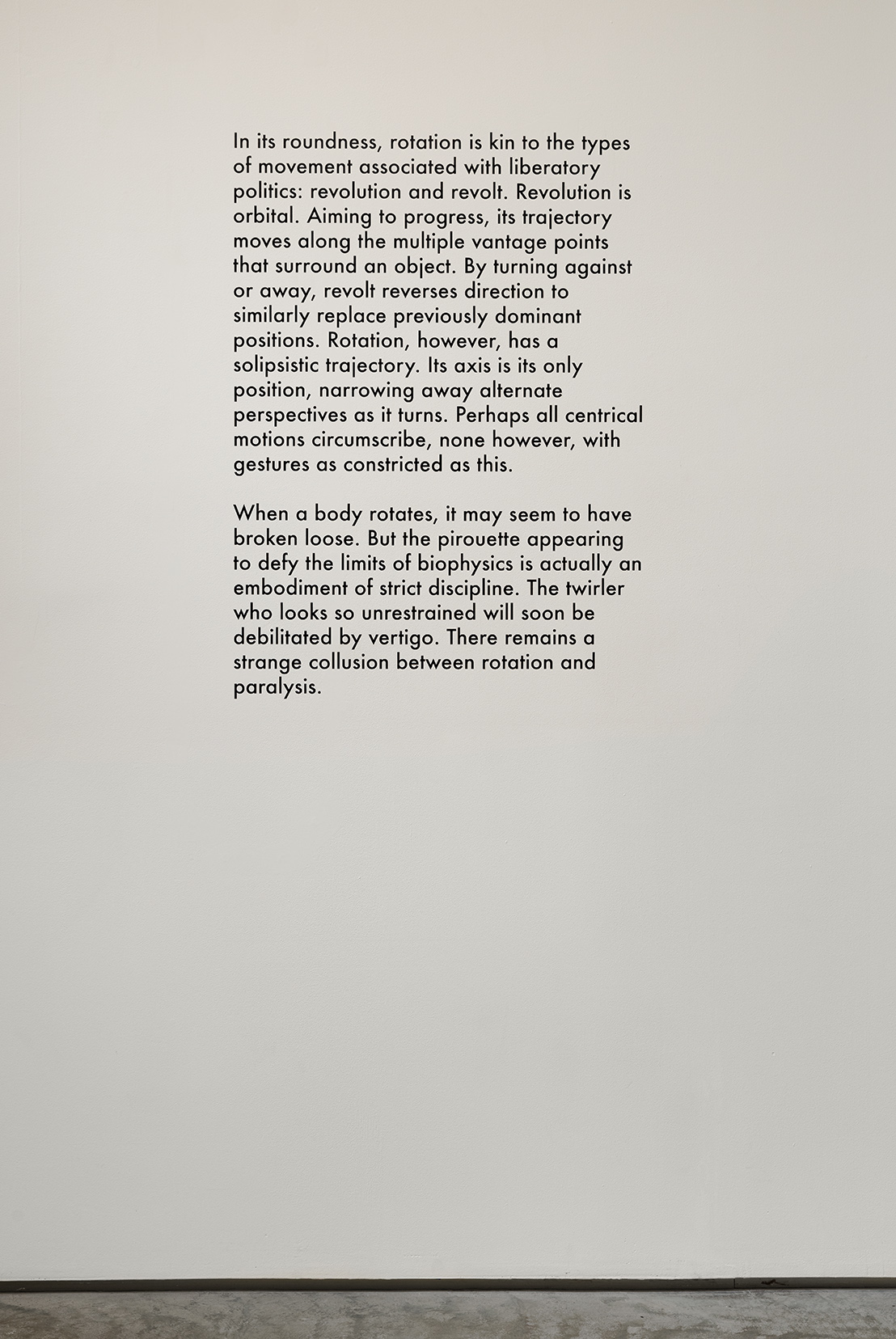 Excerpt from Sophie Landres, “The Tightest Turn: Notes on a Post-Pandemic Aesthetic,” installation view. Photo by Etienne Frossard.