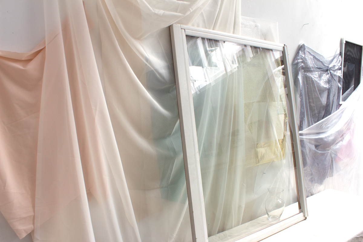 Still life with drapery, 2017, 66 x 127 in, Found fabric, found objects, canvas, plastic drop cloth, vellum, and plexi glass