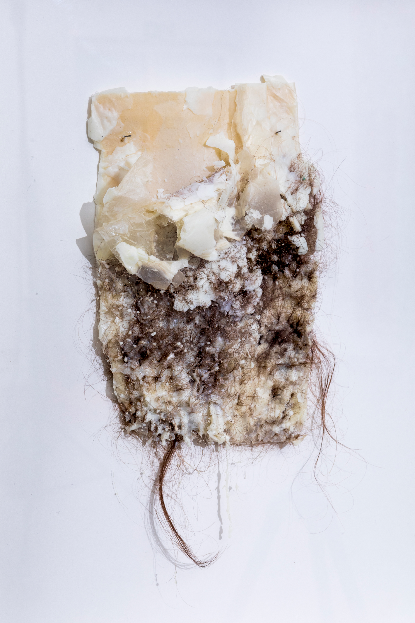 Entnahme #3, 2015Seidenpapier in Paraffin, menschliches Haar gefilzt, Objektrahmen: 50x40cmsilk paper in paraffin, human hair felted, showcase: 50x40cm