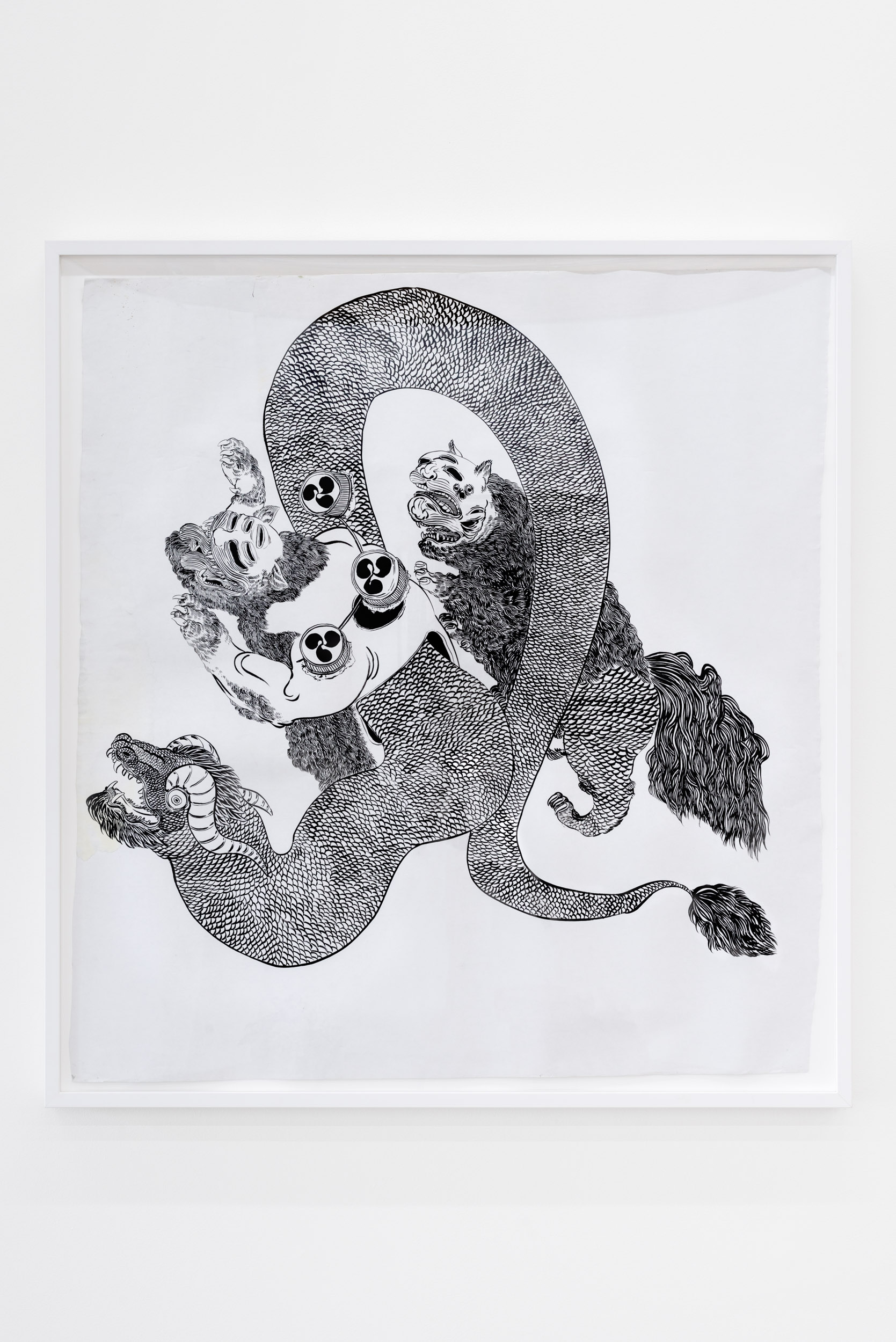Shayne Weston Abbott-Arcan, Untitled (dragon), 2021–22, 40” x 37” / 102cm x 94cm. Ink on paper, framed and glazed.