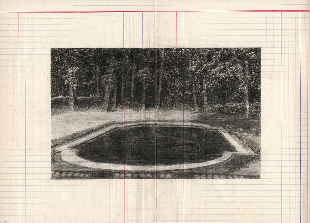 Valérie Sonnier Bassin, le Grand Trianon sous-bois, 2023 Crayon et cire sur papier ligné 33,5 x 41,7 cm Courtesy de l'artiste et de la Galerie Nadja Vilenne