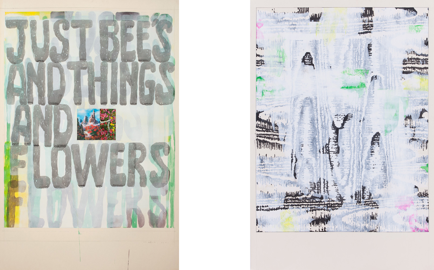 "Just Bees", 2012, Acryl on paper and postcard, 120x80 cm - "Untitled", 2017, Acryl on paper, 120x80 cm