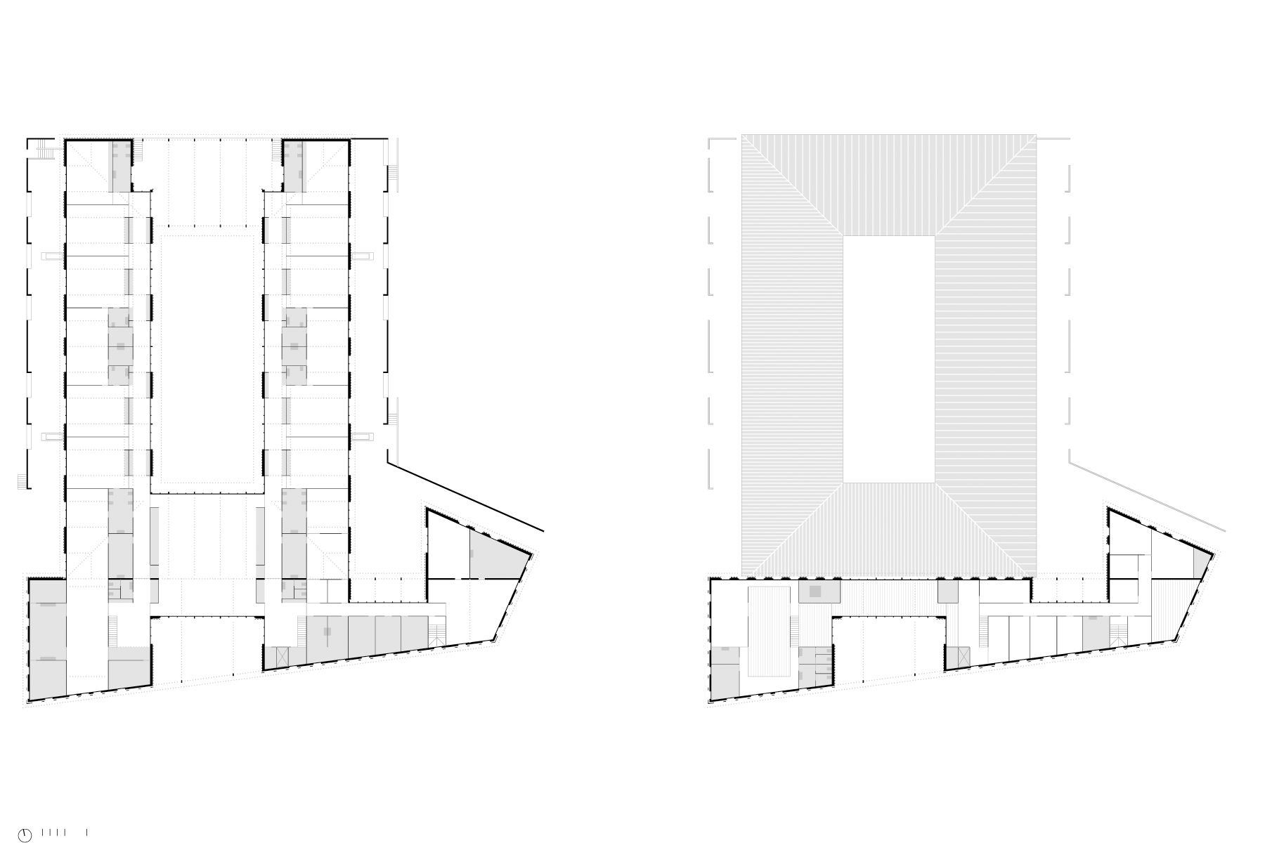 plans des niveaux avec la cour de récréation au centre et les jardins pédagogiques dans le prolongement des salles de classes