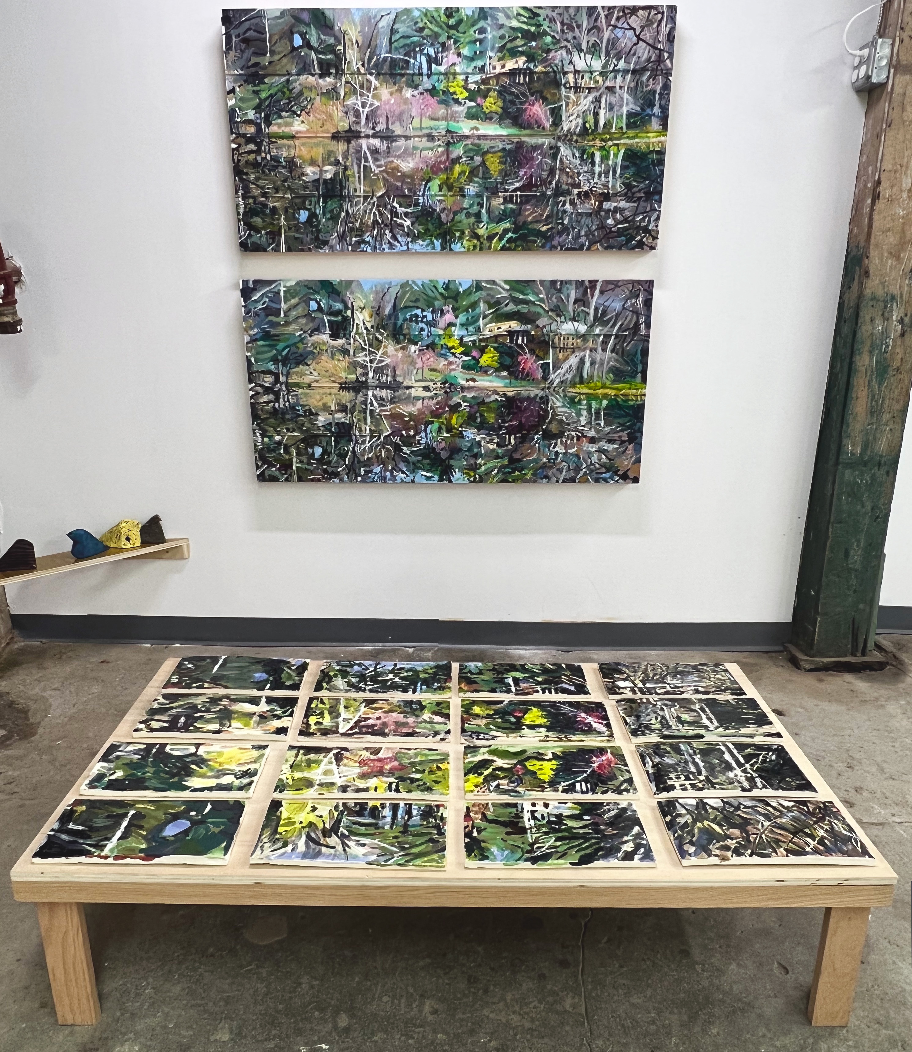 TWIN PONDS I + II + III, install shot at FJORD Gallery with "Watcher, Birds" on left corner shelf, oil paint, yarn, fired, earthenware, poplar, cherry oak, 60 x 70 x 48".