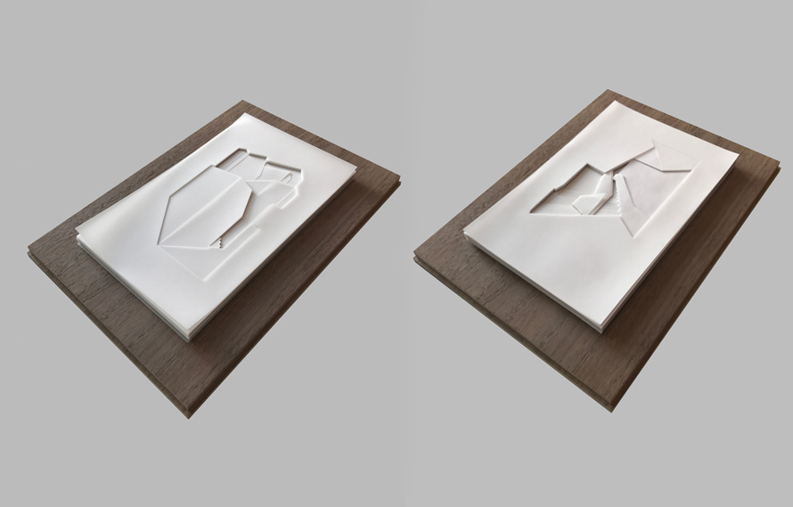 Jorge Miño, JM#13 and JM#17 - Volumes of the emptiness, 2016. Mixed Media on vegetal paper on ebony wood base, 15.7 x 11.8 inches.  