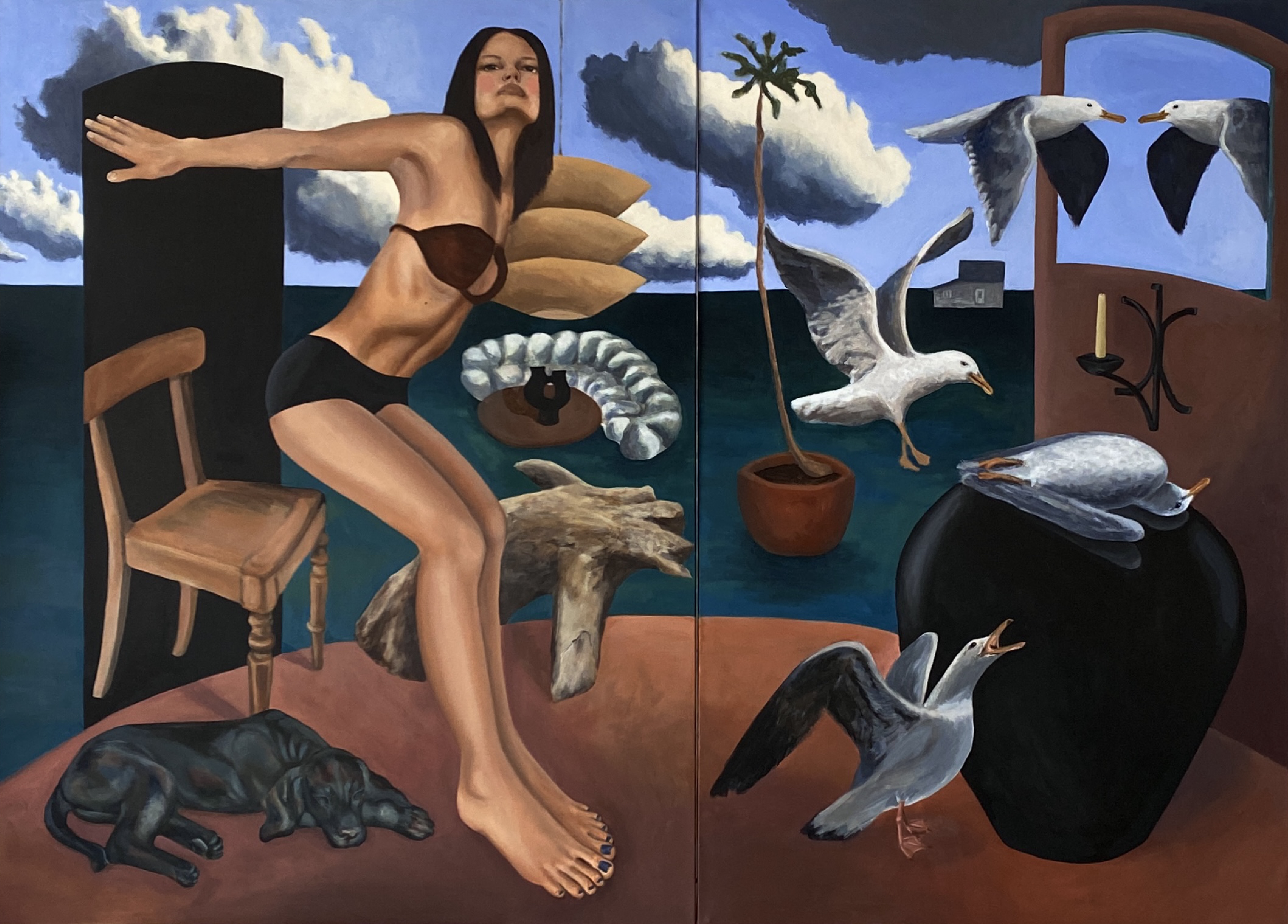 "Finding Footing, Losing Flight" 2023 48x66" Acrylic on canvas