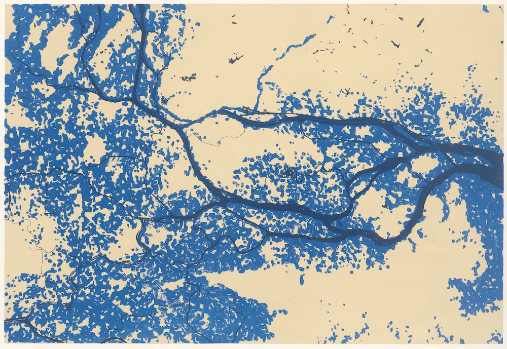 Lucas Ihlein, Guangzhou Delta Haiku: Pearl River Delta Sea Level Rise Maps - Light blue colour indicates possible extent of 1 metre sea level rise scenario, screenprint on paper, 2016.