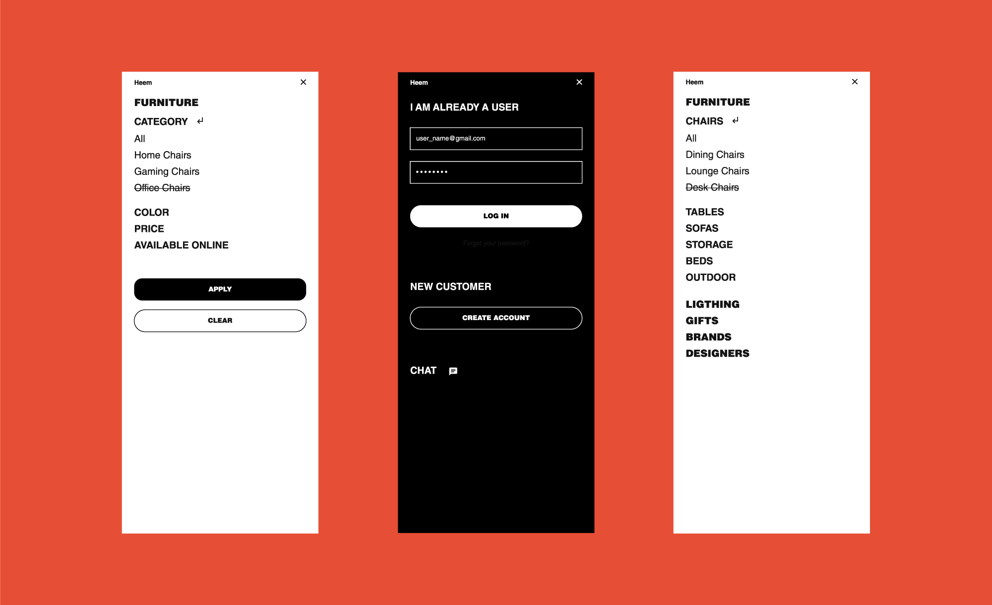 Filter, Login and Menu Page