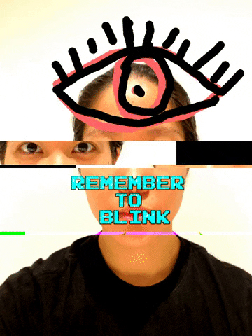 IMAGE DESCRIPTION: A gif with a large digitally-drawn outline of an eye in black and pink at the top, blocky typed words ‘REMEMBER TO BLINK’ in the middle, and two alternating images of Bernice’s low-resolution passport photo in the background, all overlaid with a pink and green glitch effect.