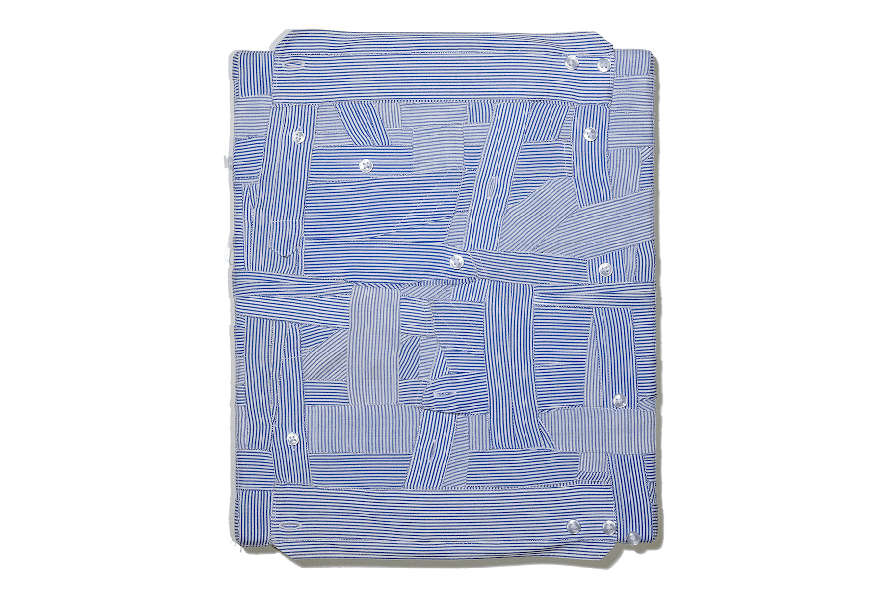 ’Rizzo’, 2024. Deconstructed men’s shirt hand stitched over wooden stretchers. 35 x 30 cm