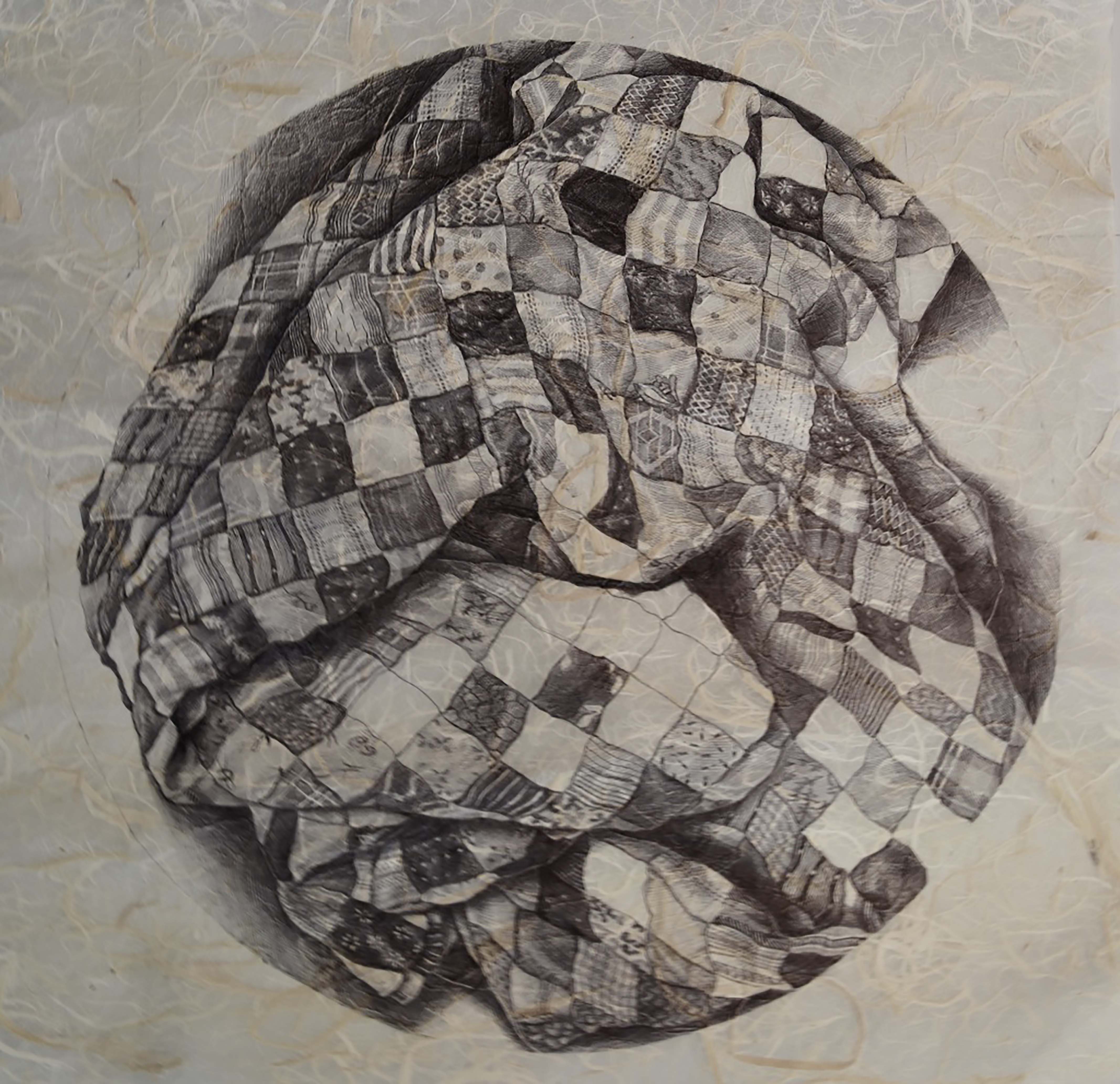 A photorealistic, black and white drawing of a crumpled, worn out square quilt. The way one might look up at you from inside a dirty clothes hamper. cropped inside of a larger circle.