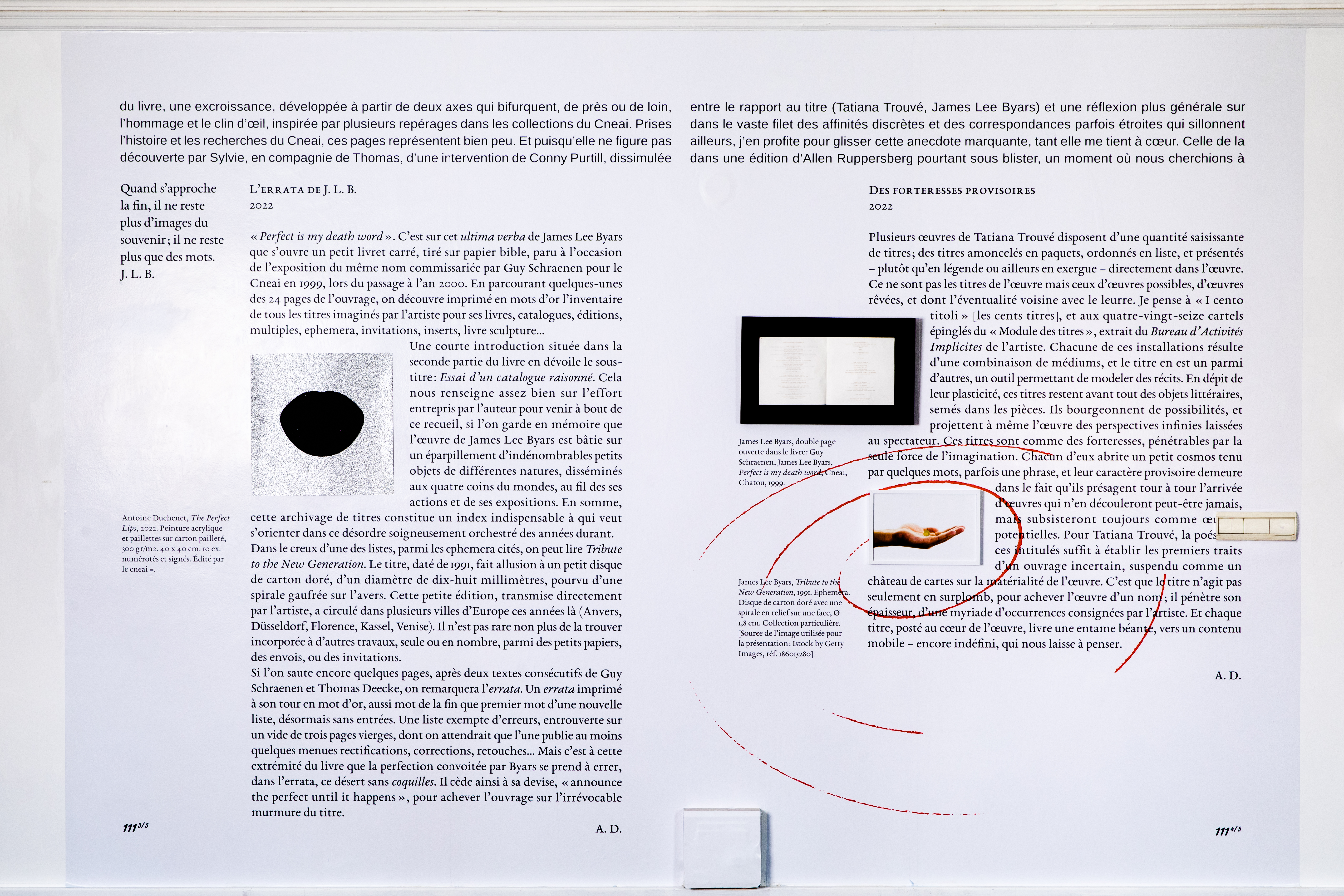 Pages 111⅗ &ndash; 111⅘, installation view. Texts by Antoine Duchenet.
