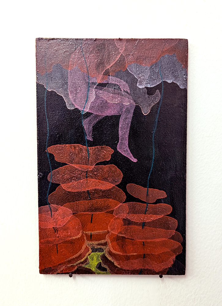 morokoth fournier, with baited breath, acrylic and varnish on hardboard, 14x22cm, 2024, £190