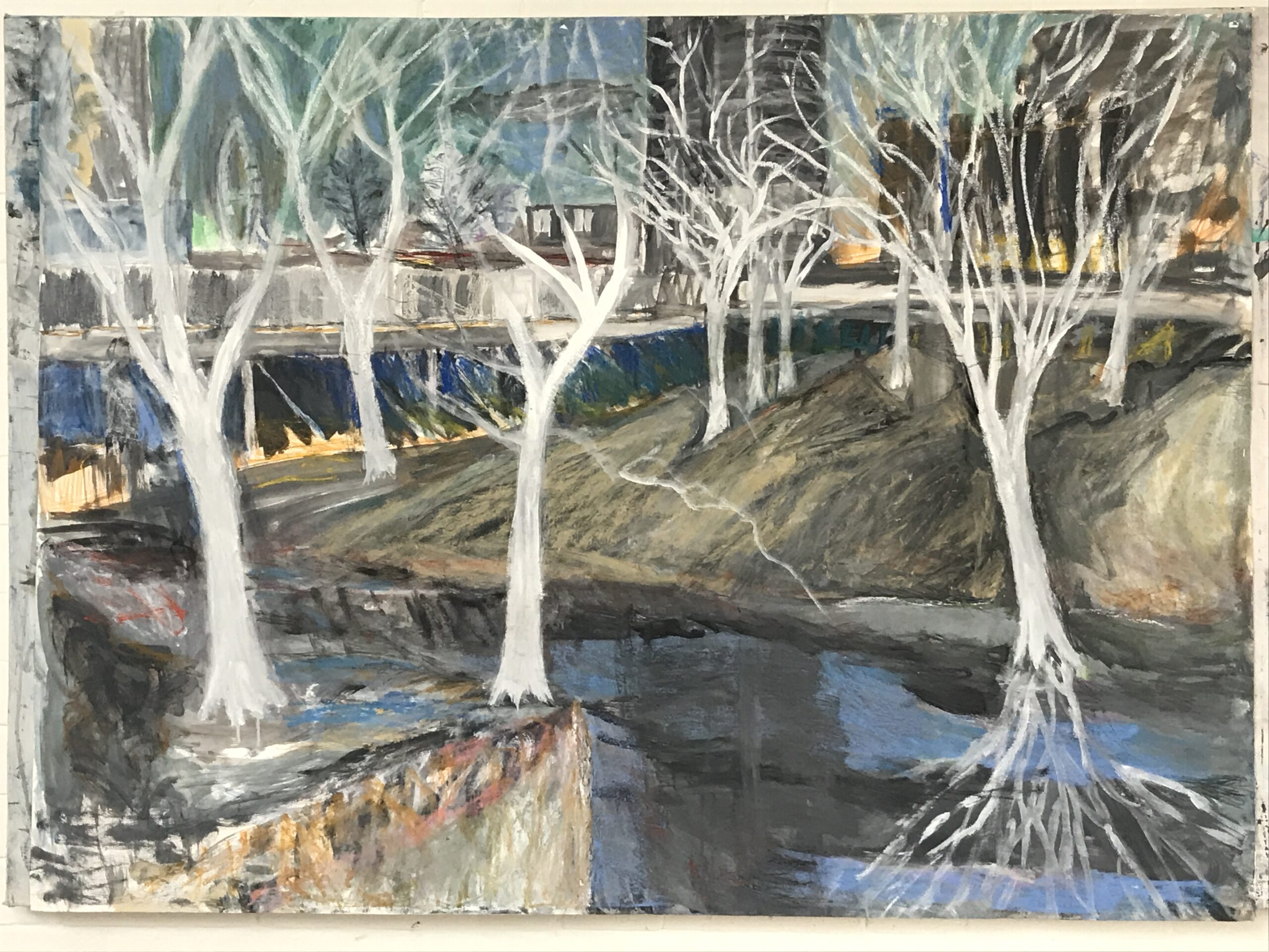 Ghosts of the Nine Elms, gouache paint on paper, 101 x 137 cm