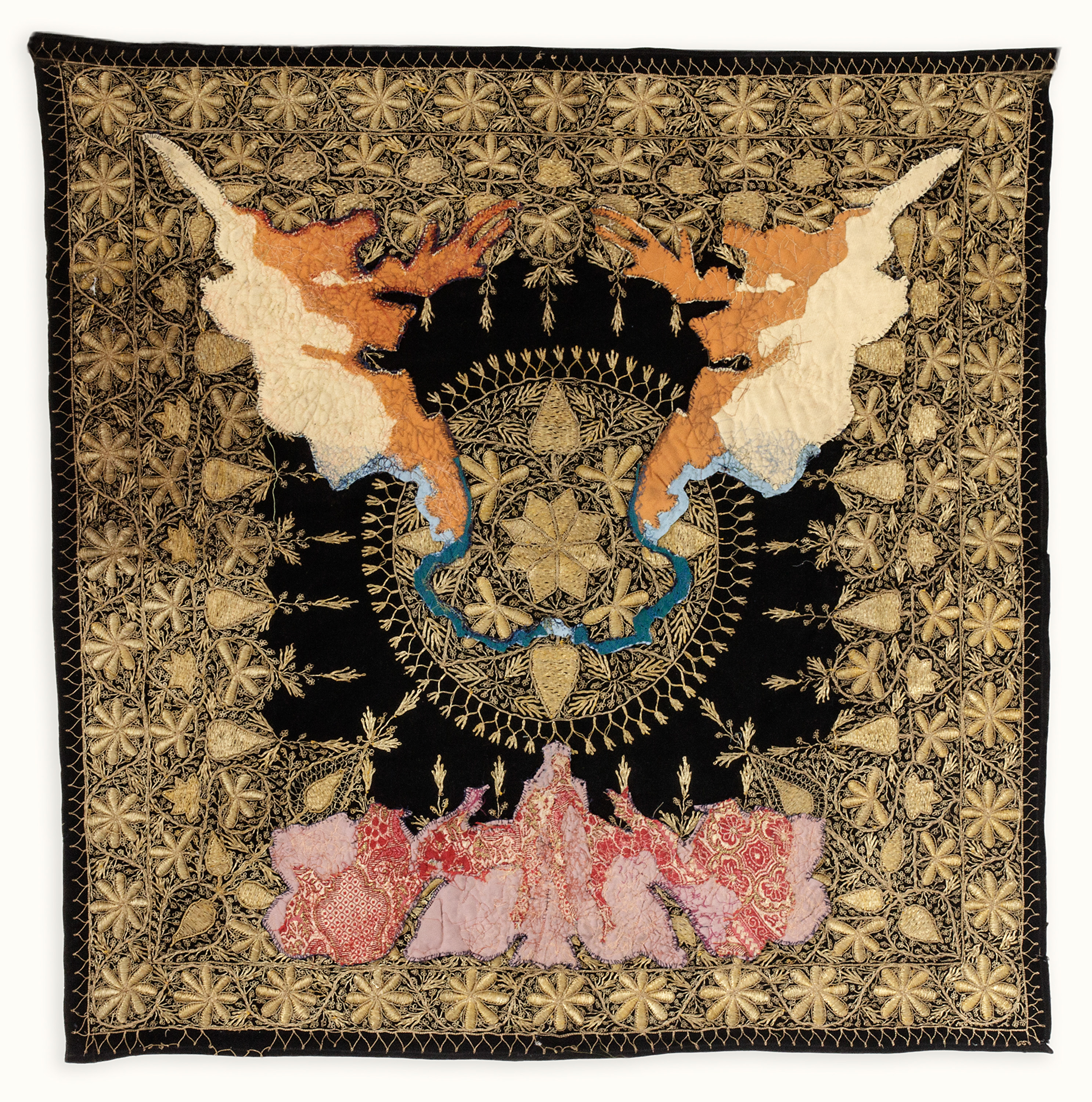 Igshaan Adams, Plate 8 (from the series Neoscope) (2014) | Found tablecloth, fabric, thread ; 120 x 118 cm