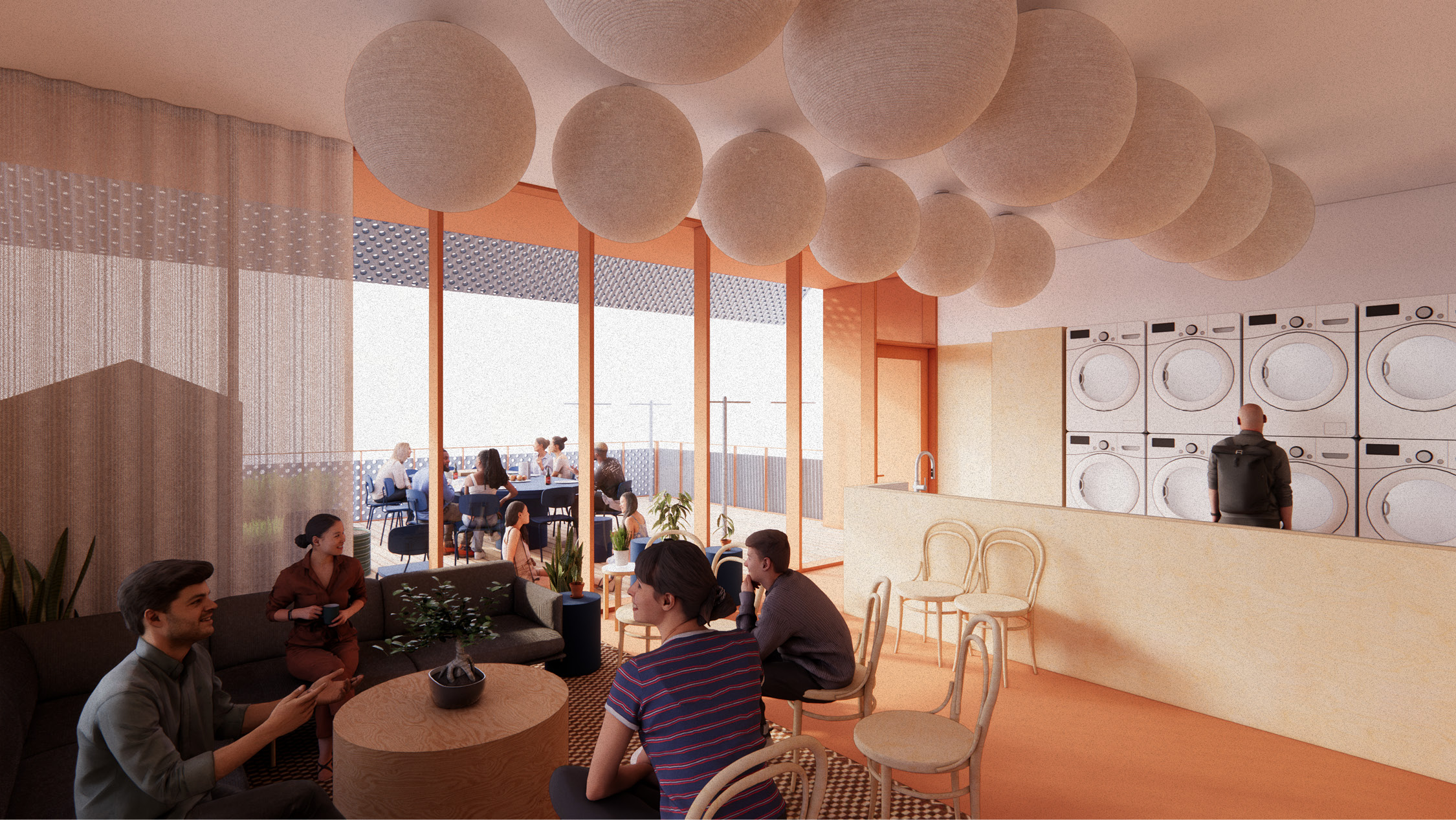 Shared washers activate the rooftop communal space and save energy. Clothes-lines further conserve electricity.