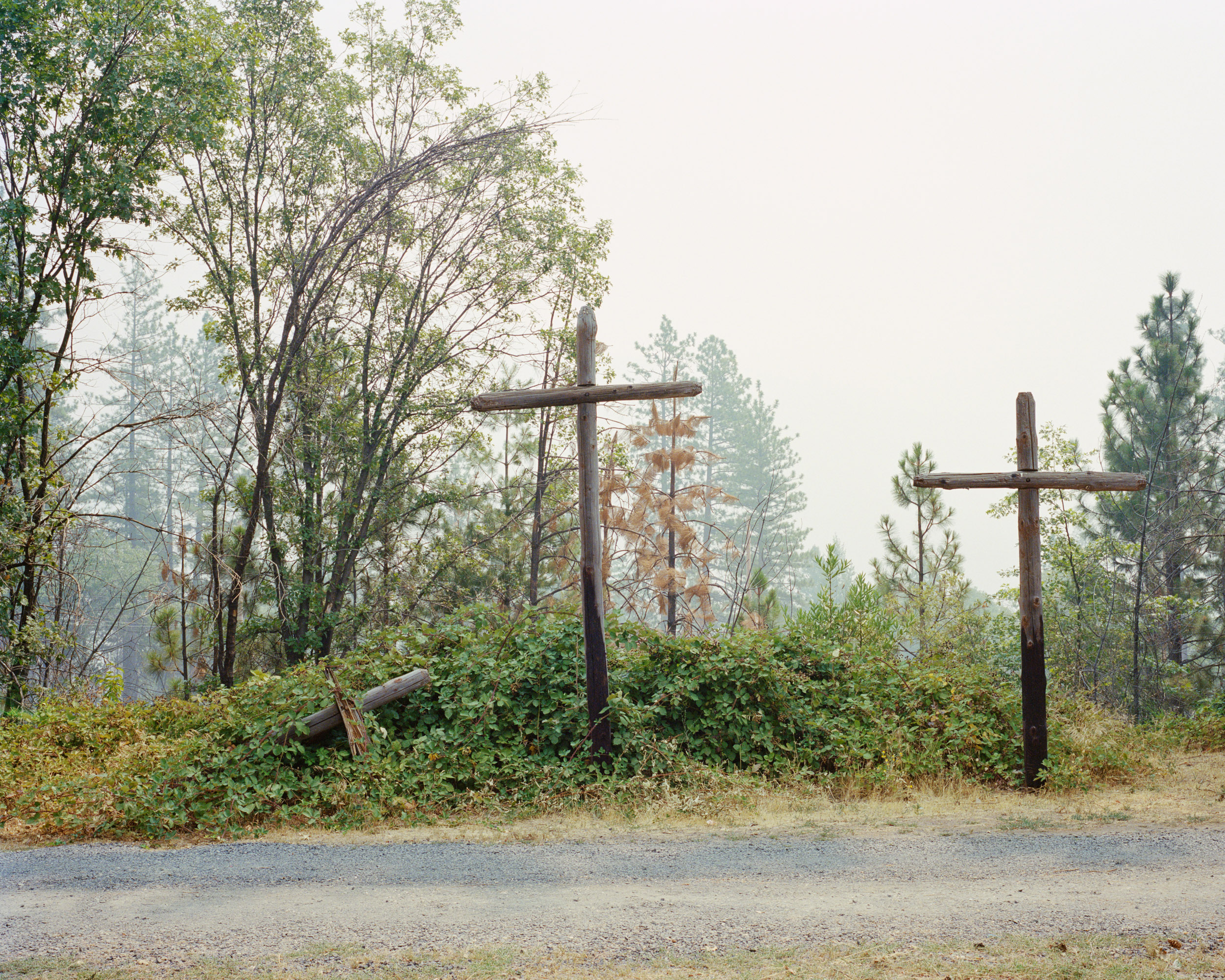 The three crosses at Magalia Church, a shelter for Camp Fire refugees since 2018.