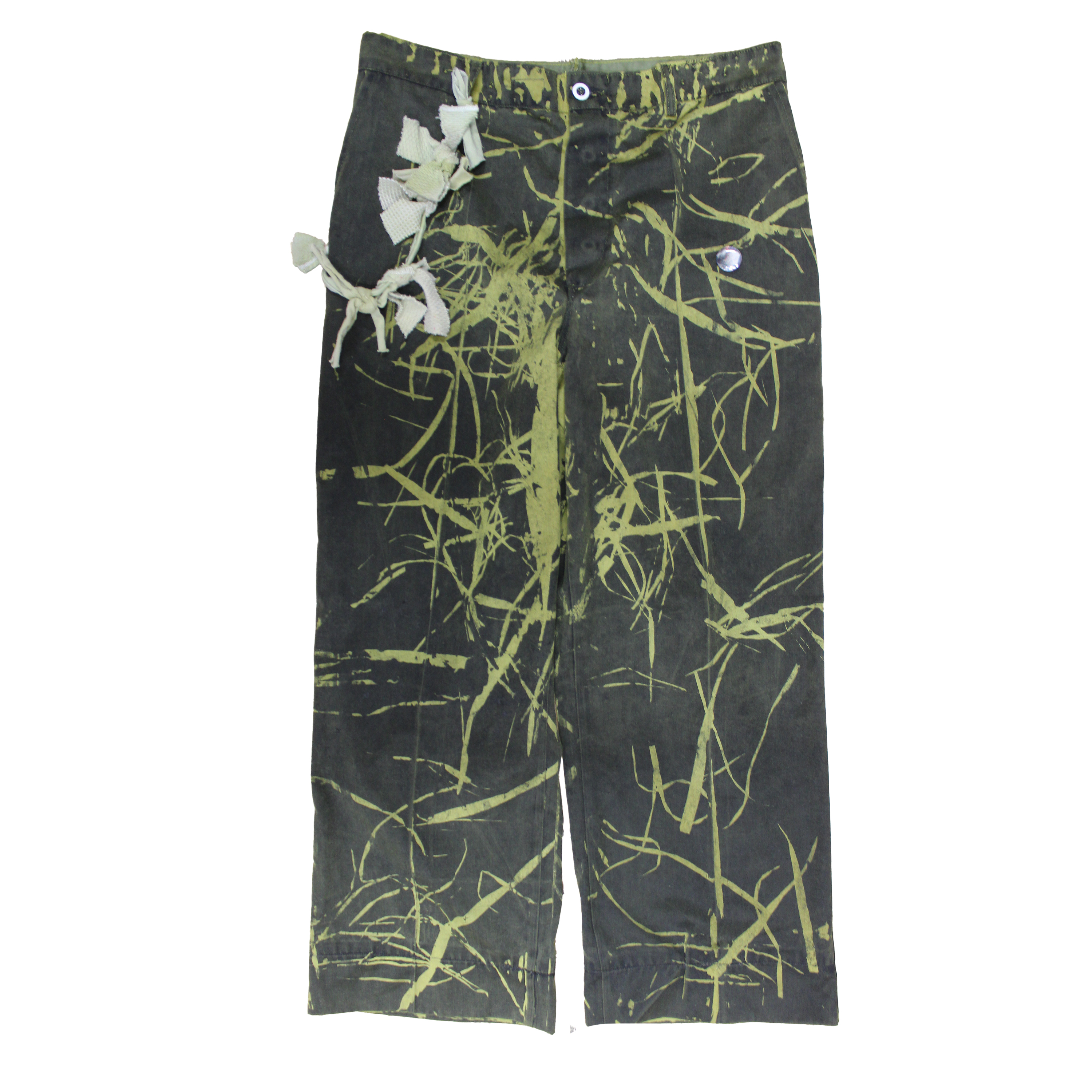 reclaimed vintage surplus denim screen printed with textile dye & grass resist. tailored for straight/wide fit. fitted with custom keychain, scrap chain, and leather patches