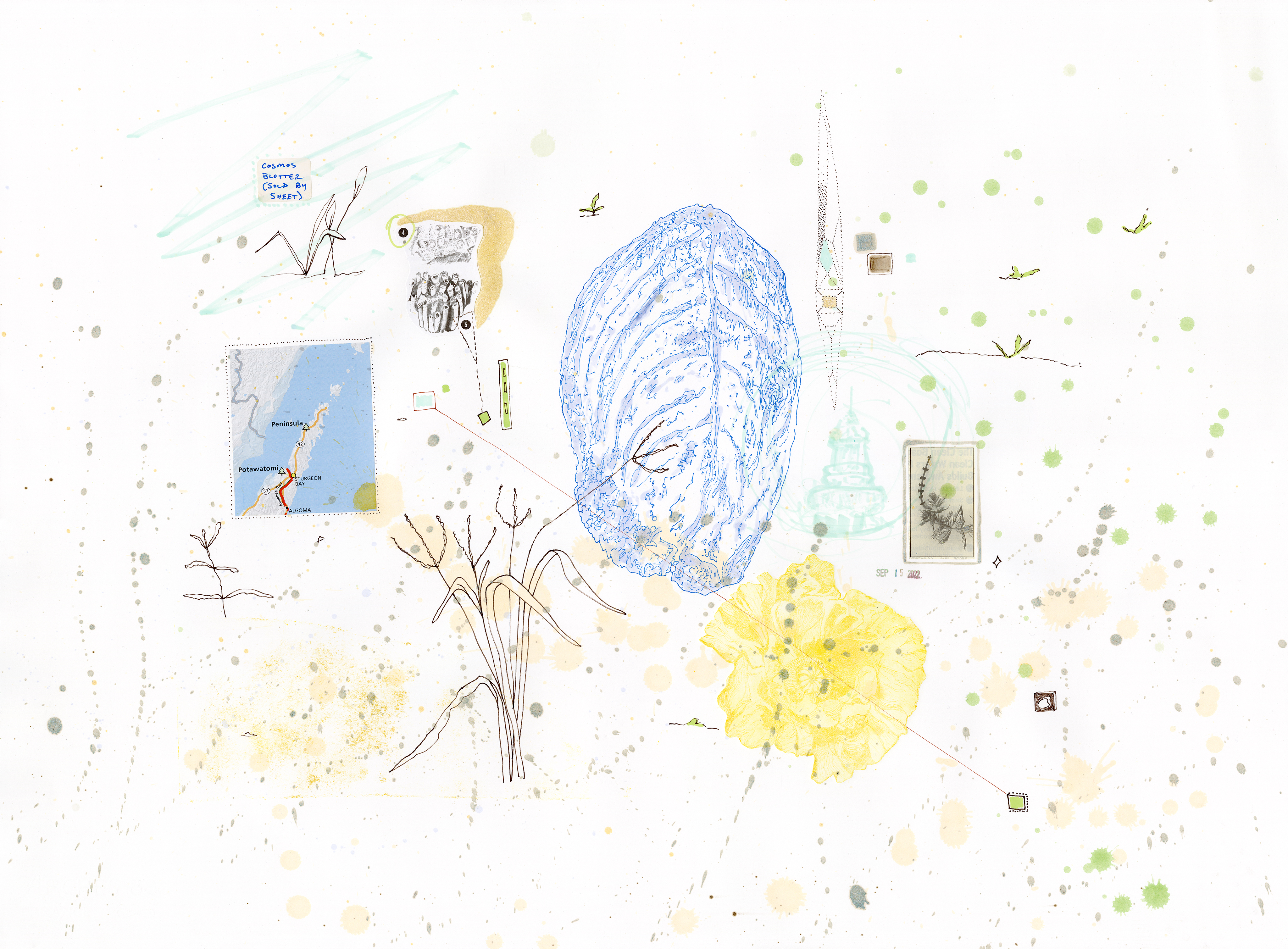 Drawing 33/56 from 56 days at the Dome House 22.5 x 30 inches, ink, Chine-collé, etching and stamps on Arches 88 paper - BUY
