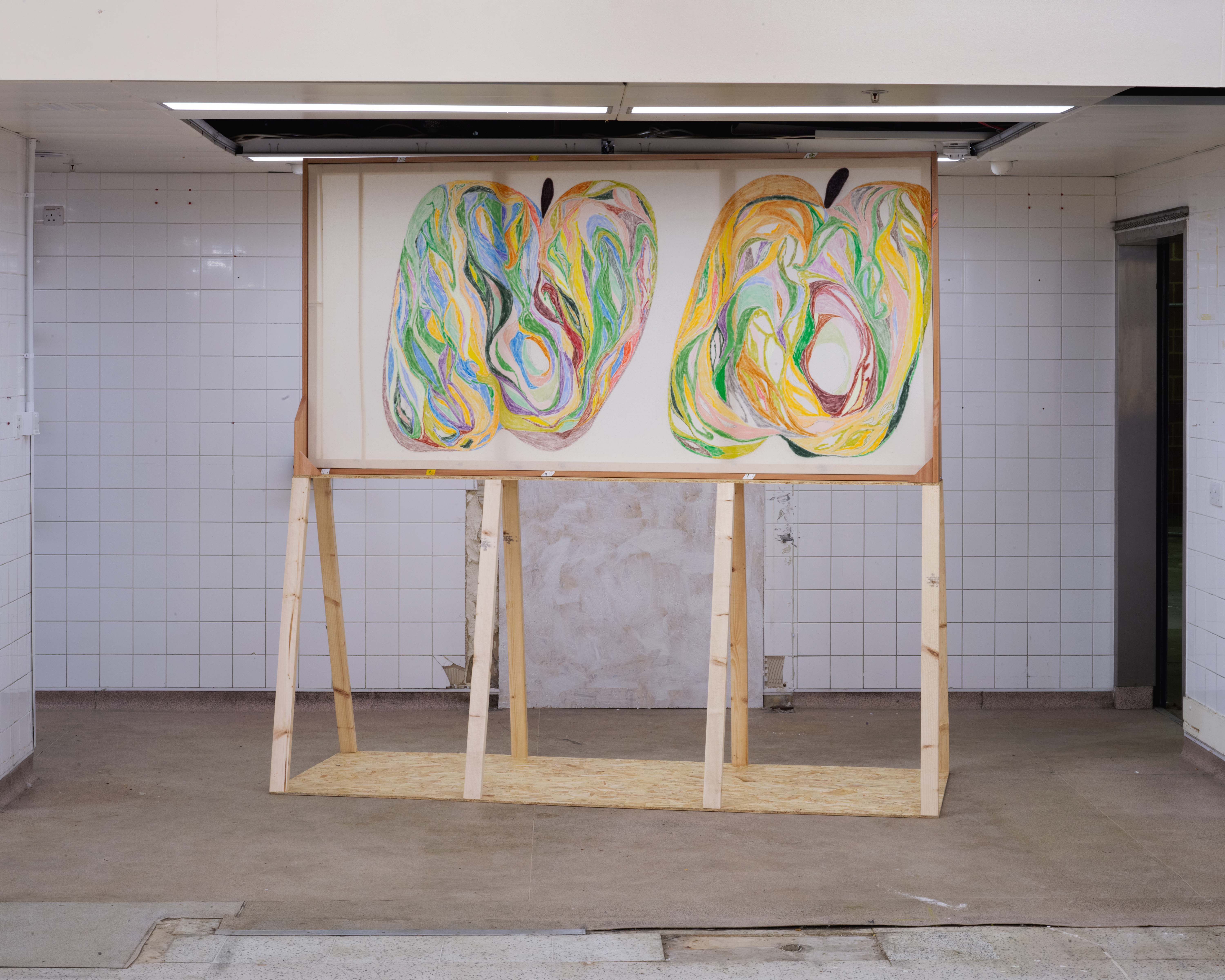  Untitled (Apple 12 &13), 2025, oil, soft pastel, & graphite on cotton, W/ meranti, pine, chipboard, & acrylic 237x244x93cm