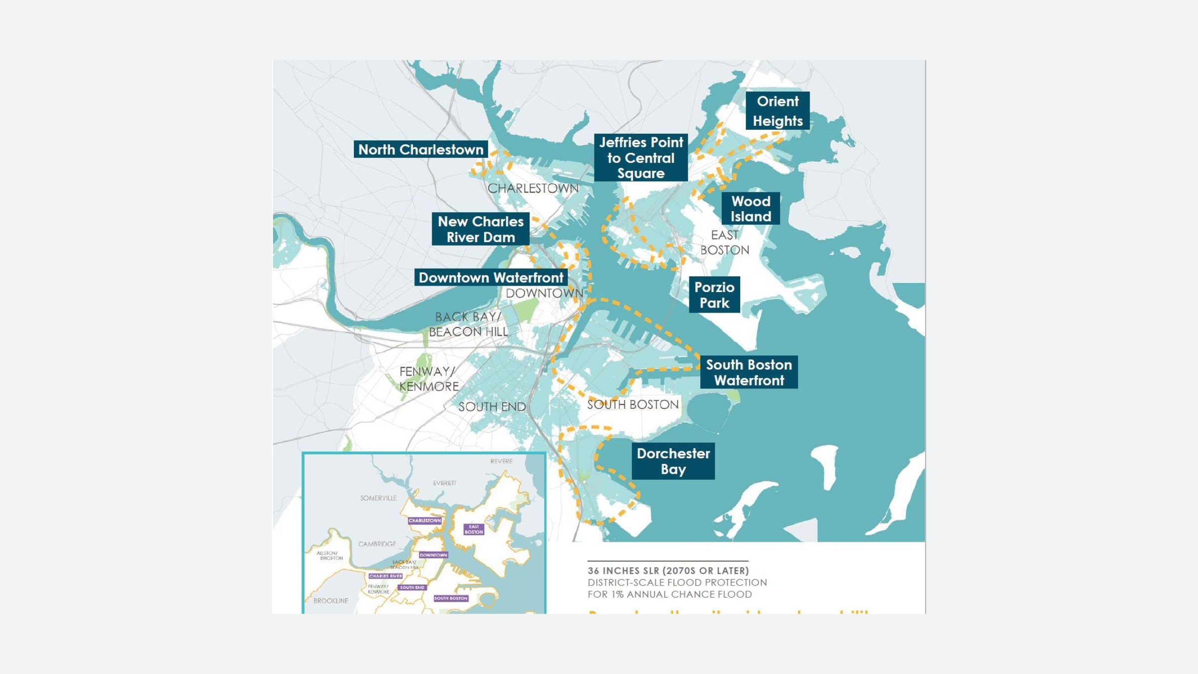 Fig. 59 No. Map of the nine focus zones chosen by the city based on a vulnerability assessment. Climate Ready Boston
