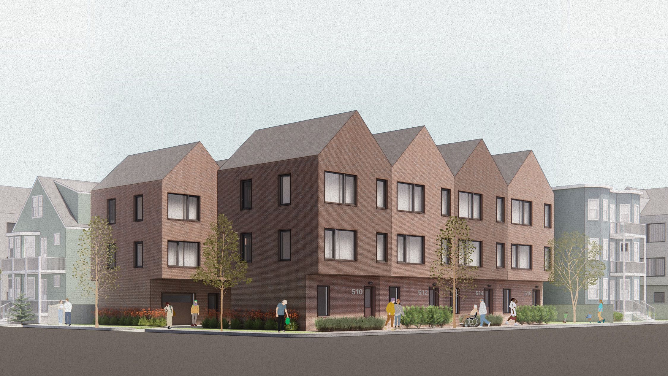 Eight townhouses on a corner lot with inward-facing garages
