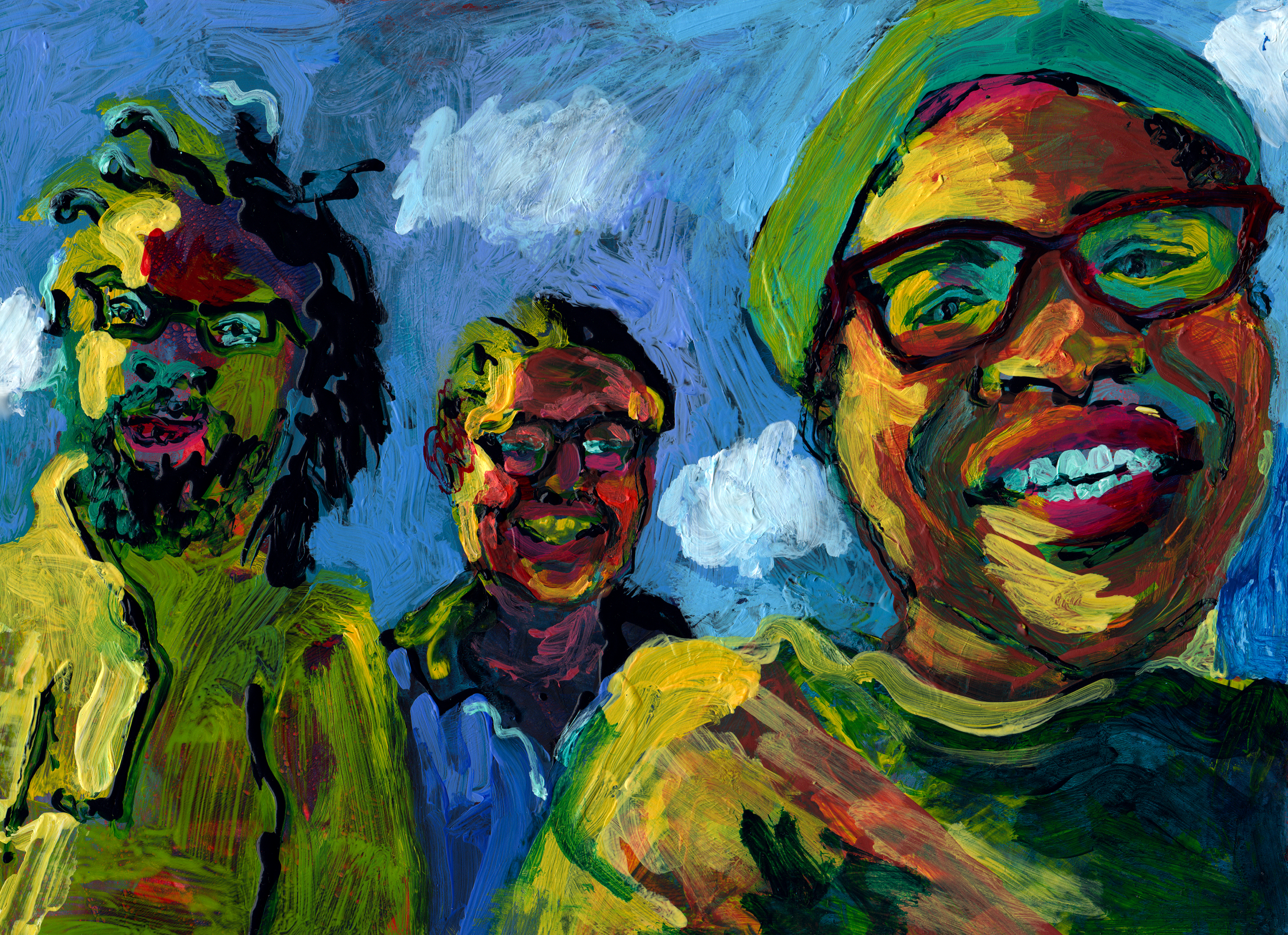 Sibling Walk to Keep From Spiraling (Yellow Shade), 2022. Gel Monoprint, Acrylic on Paper, 9 x 12 inches.