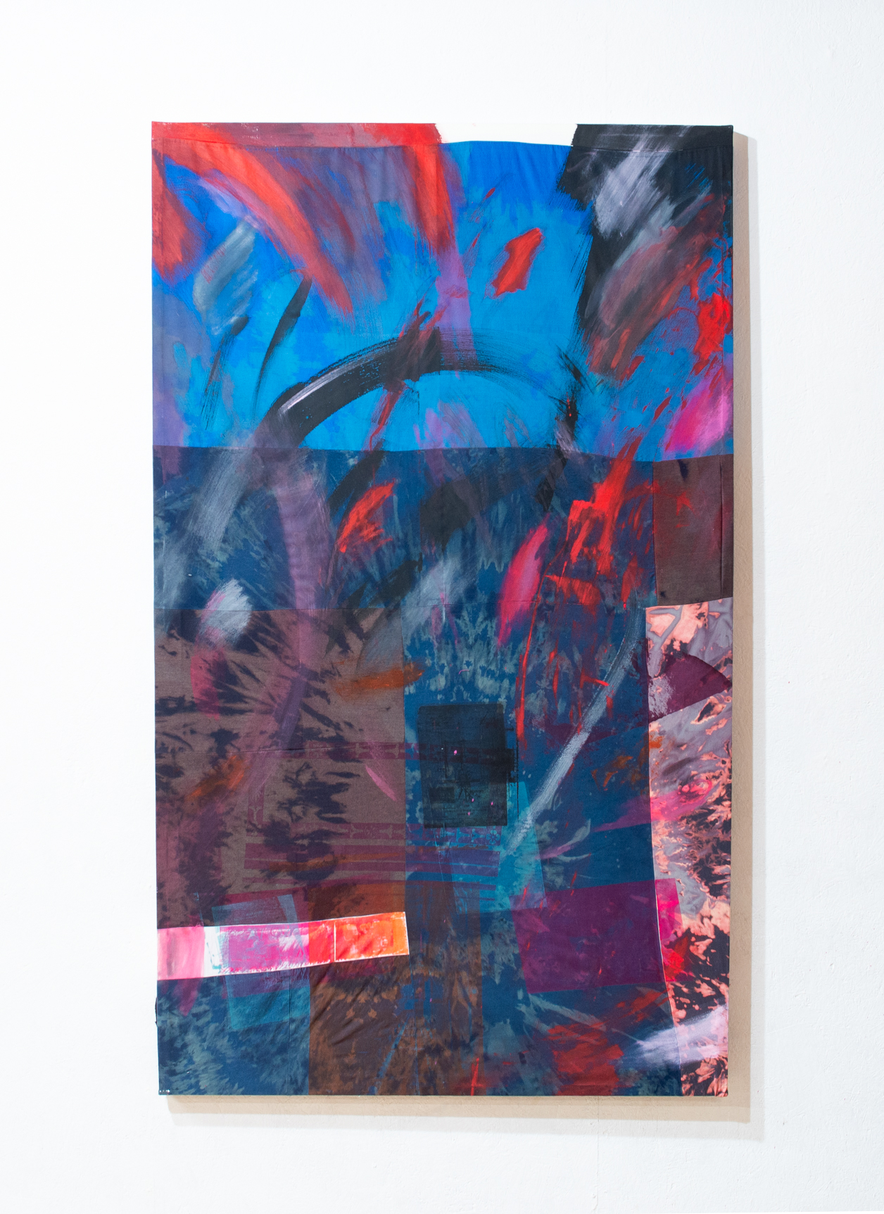 Wring. 2025. Screen print and acrylic on patchworked and bleached fabrics. 39.5" by 67".