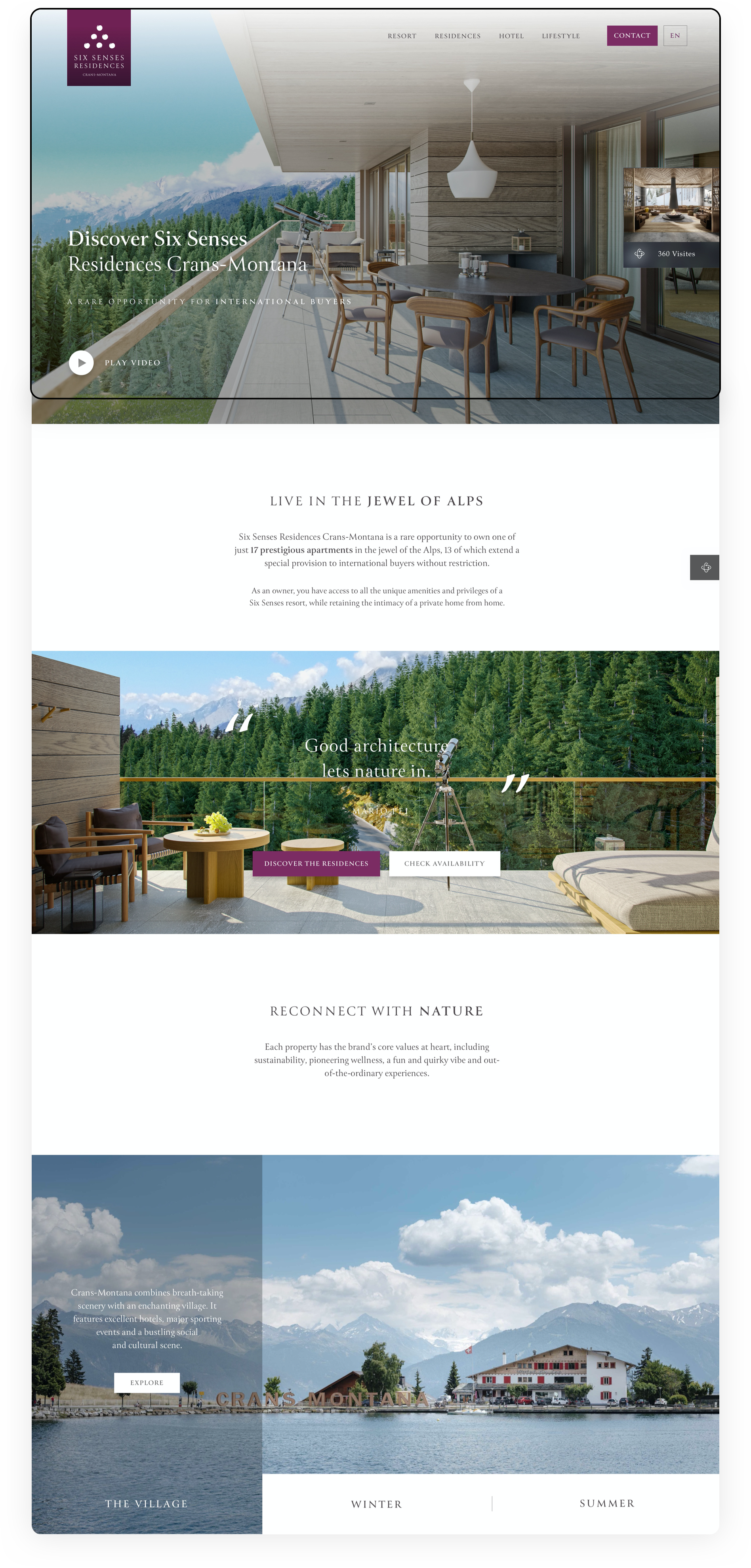 Homepage reads "Discover Six Senses Residences, a rare opportunity for international buyers"