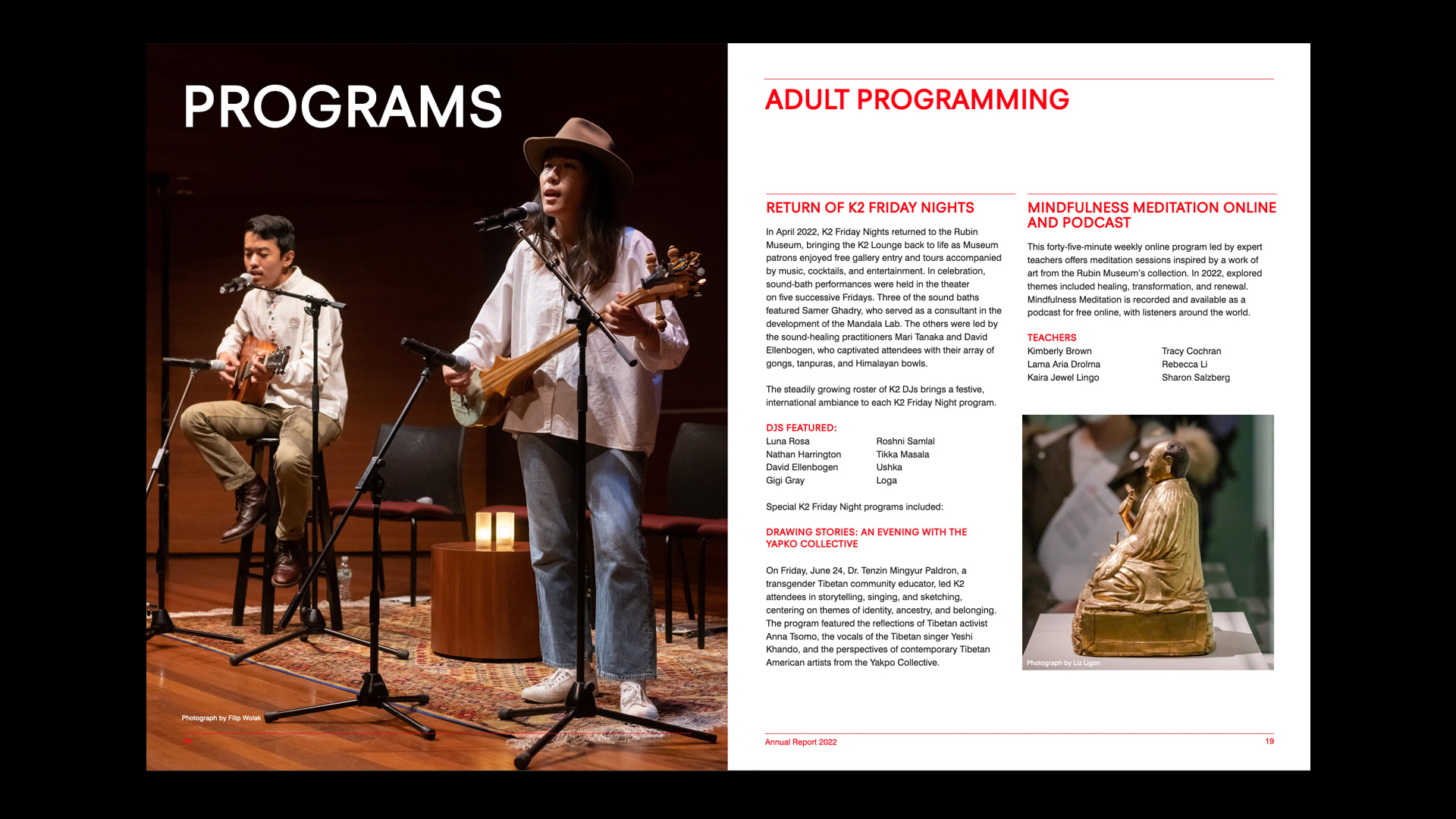 A spread featuring "Programs", introduced by a photograph of musicians singing into the microphone