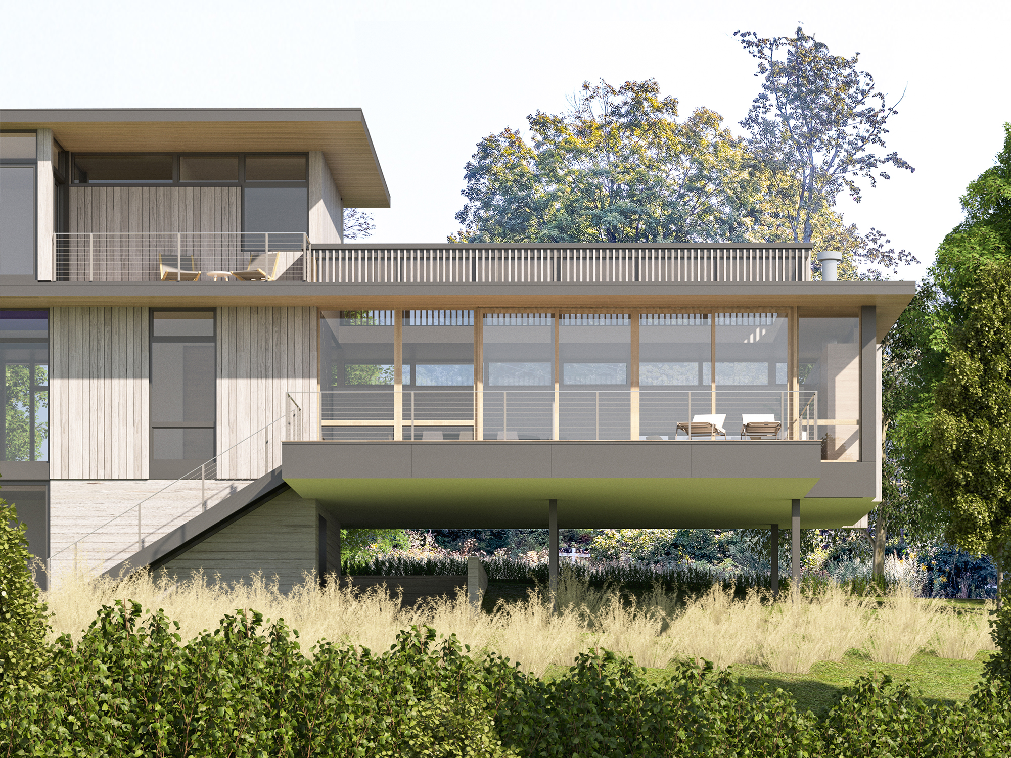 Architectural rendering of the Lake House's primary lake-facing facade, featuring a long, narrow volume with floor-to-ceiling glass walls on the main living level and an elevated deck hovering over the sloped landscape.