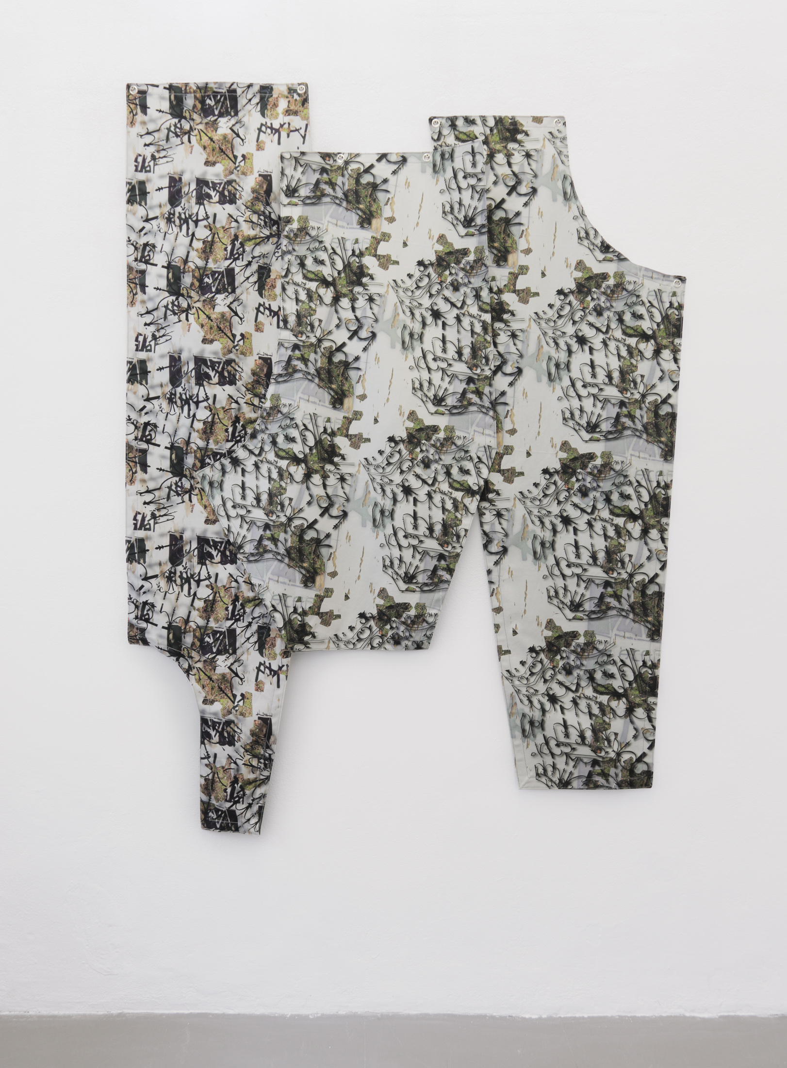 Overseen so it could be overlooked, 2023, reactive inkjet print on canvas, grommets, 75 x 56 x 6 in. (191 x 142 x 15 cm)