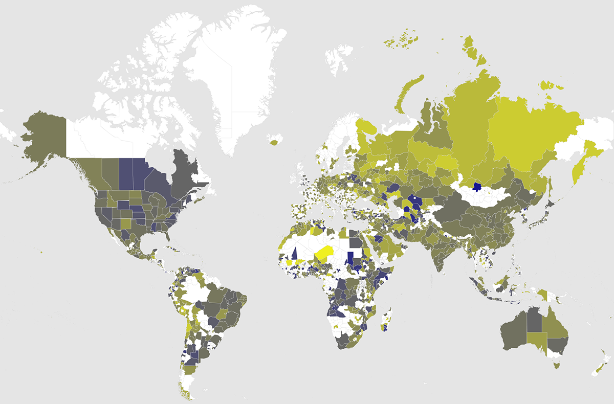 Quantitative analysis of image alignment with the prompt, visualized through CLIPScore metrics (blue indicating low alignment between text prompts and generated images; yellow indicating high alignment), revealing geographic patterns of architectural documentation bias in model training data.