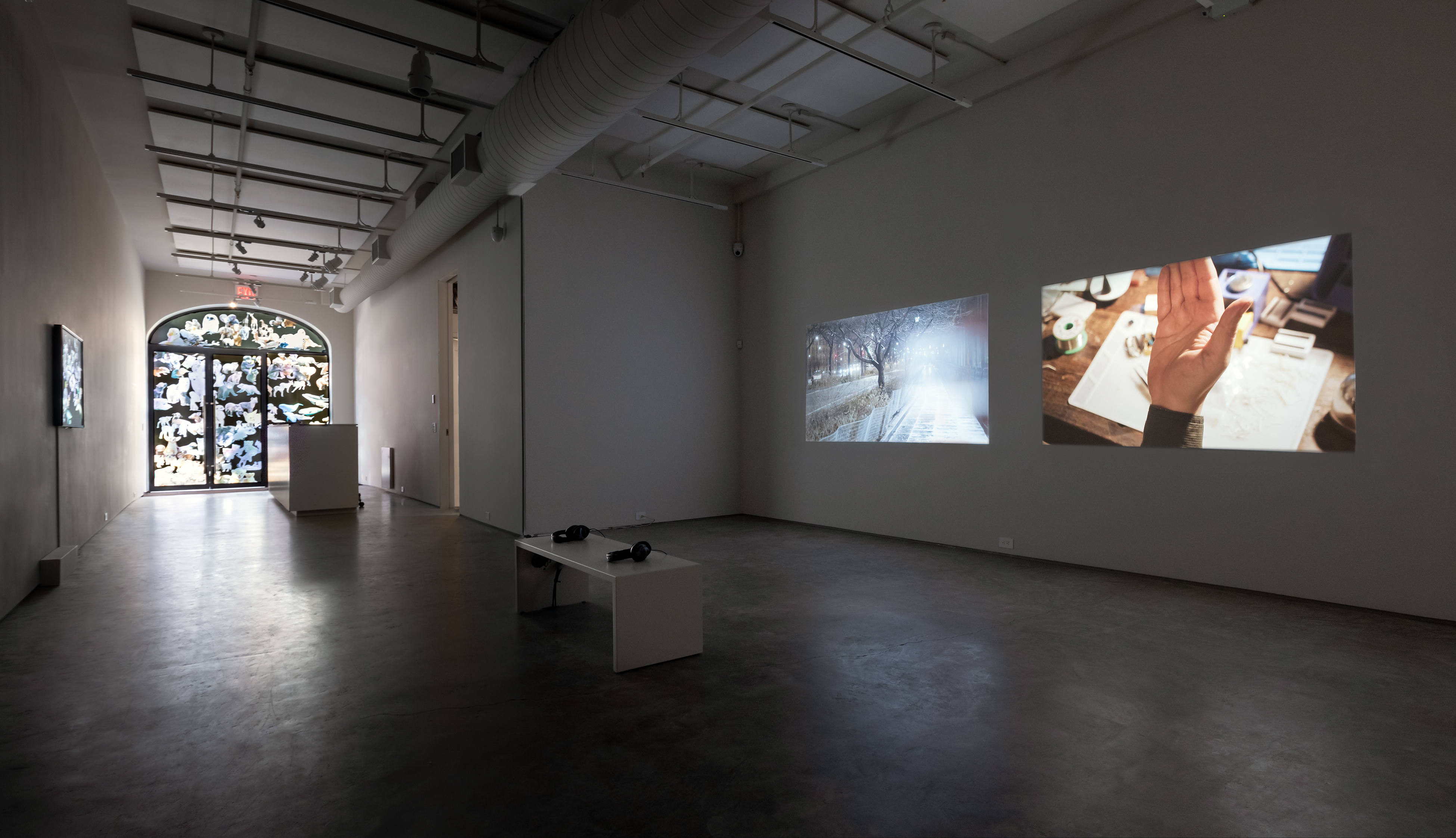 (From left) Pınar Yoldaş, Young Organism, 2019, digital print on vinyl, 110 x 120 inches. Deniz Tortum and Kathryn Hamilton, ARK, 2020, 2 channel video installation, 13:22 minutes.