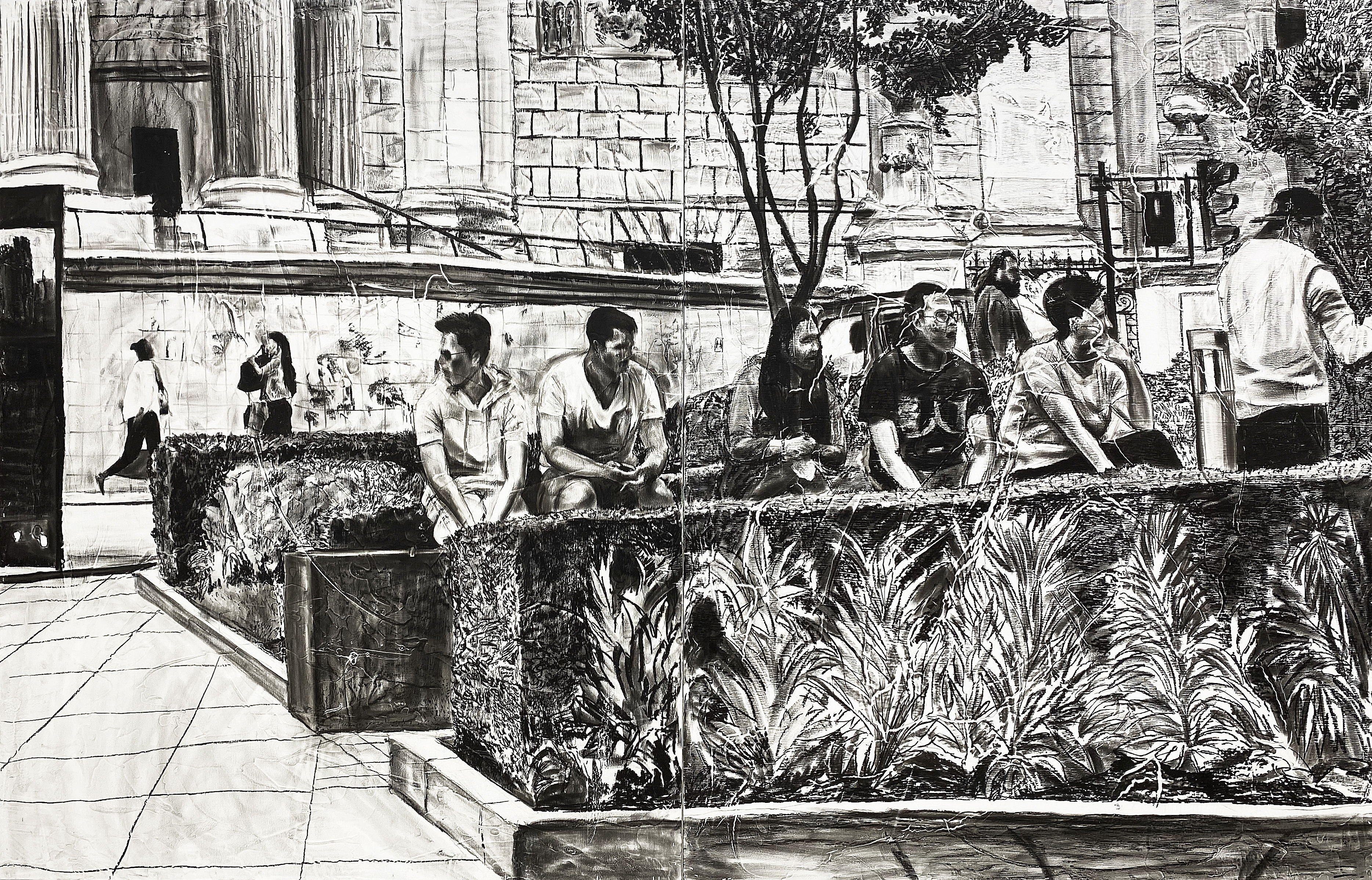 People at the St. Paul's Cathedral, 2020, charcoal, industrial paint on abandoned wood panel, 116.8*182(cm)