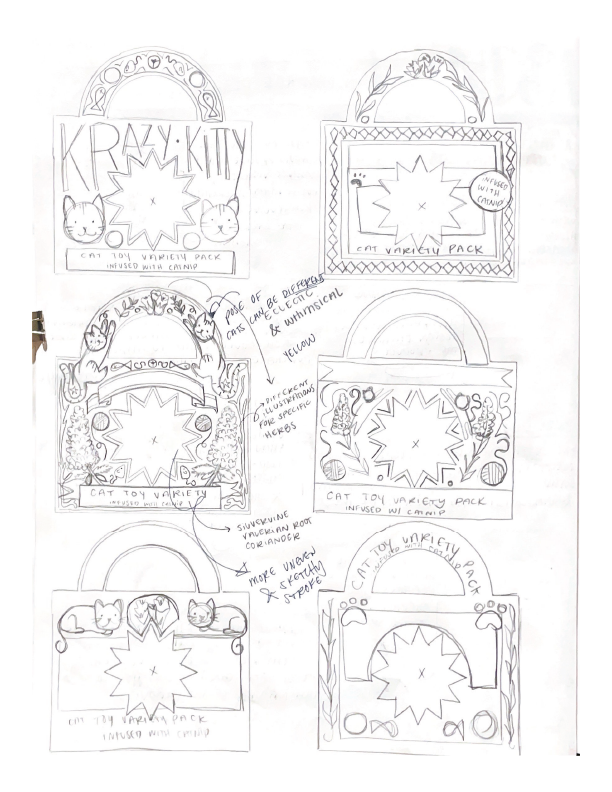 A scanned sketchbook page featuring preliminary work of the package design.