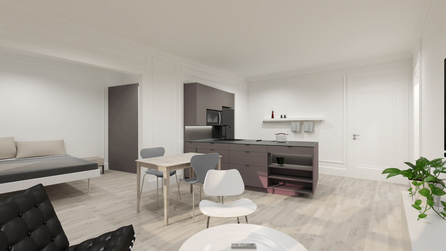 The kitchen as a contemporary solitaire in the historic context with a nature inspired color scheme. Green slate
