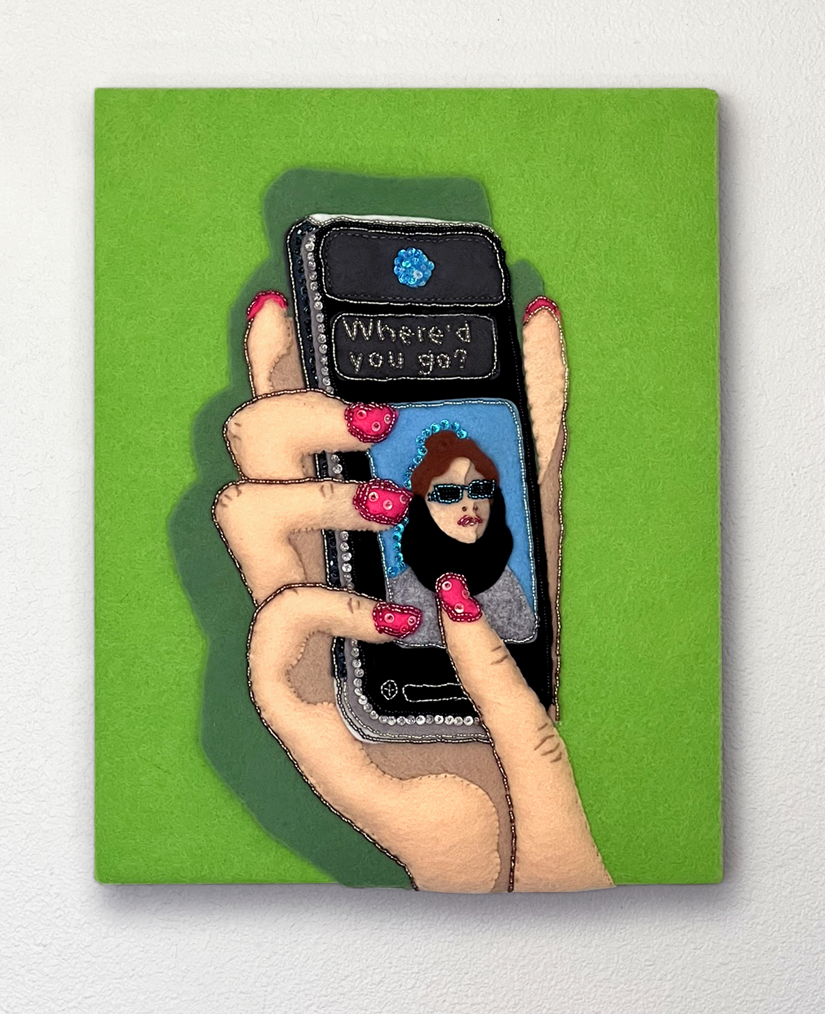 Where'd You Go?, felt, sequins, and beads on panel, 14 x 11 x 1", 2024