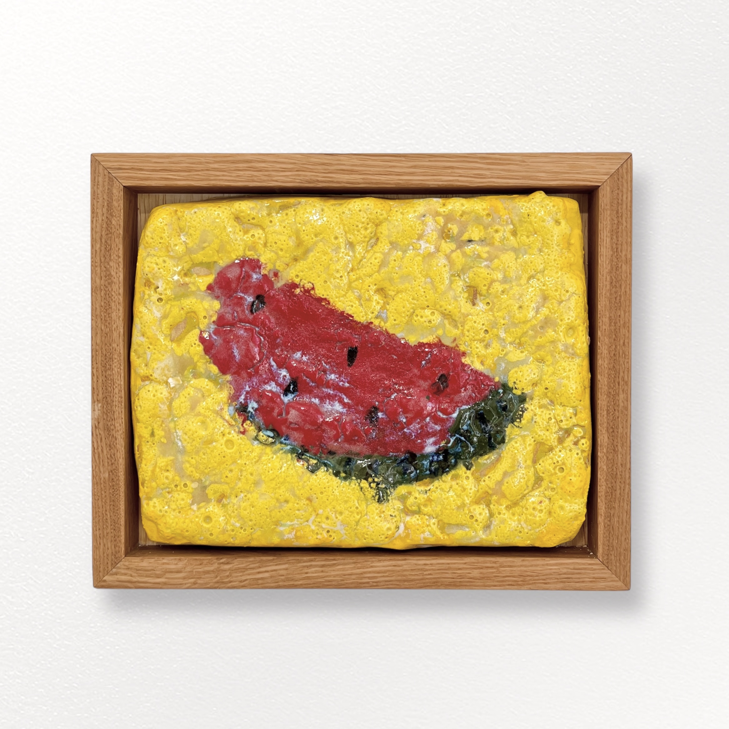 Watermelon 1, 2024, ceramic glaze on stoneware, white oak frame, 12"x10"
