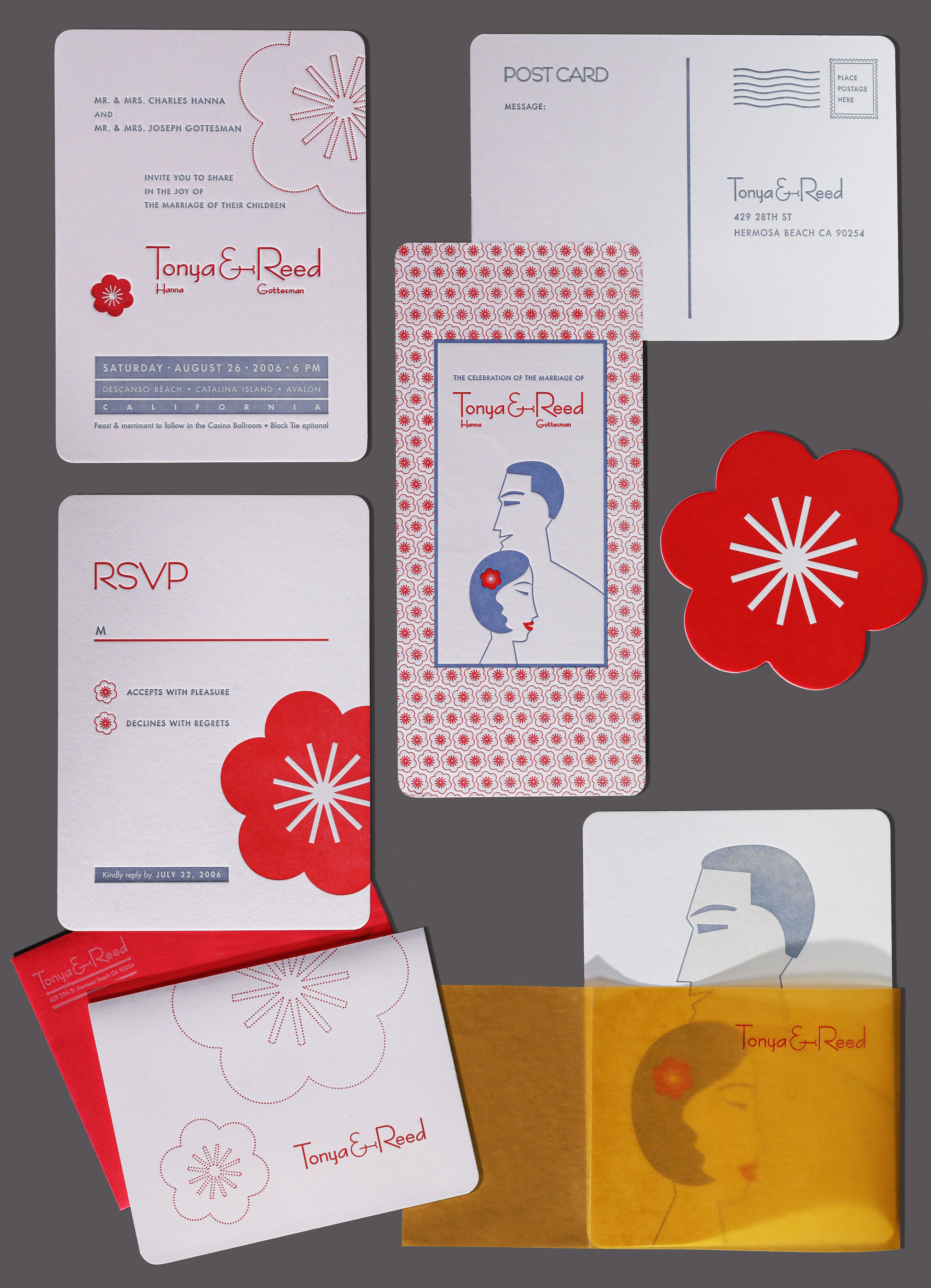 Tonya & Reed wedding invitation set designed by Roseline.Letterpress in red and grayPaper Rising museum board