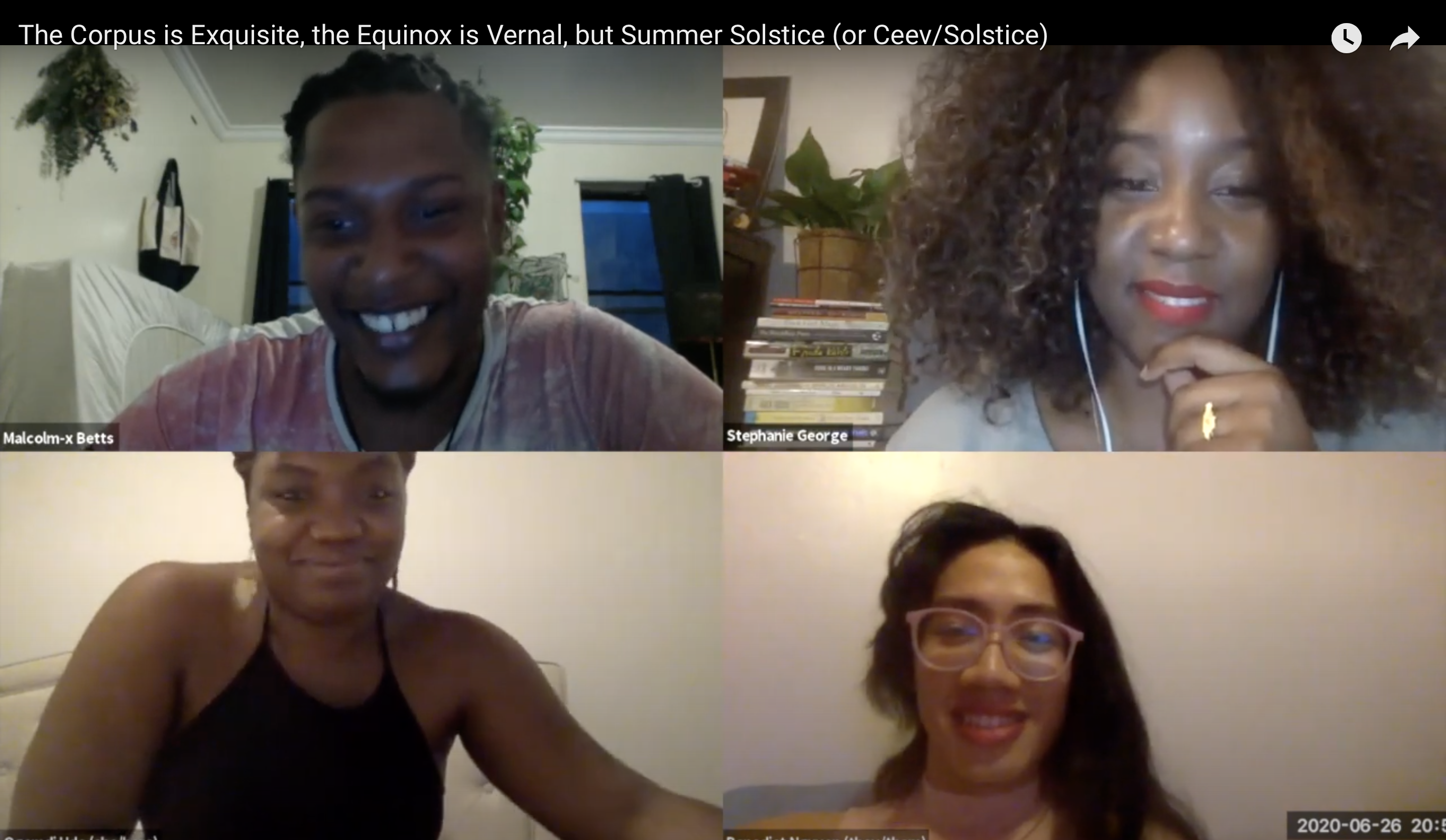 screen cap from BAAD virtual event on zoom: Malcolm-x (top L), Stephanie (top R), Ogemdi (bottom L), and Benedict (bottom R)