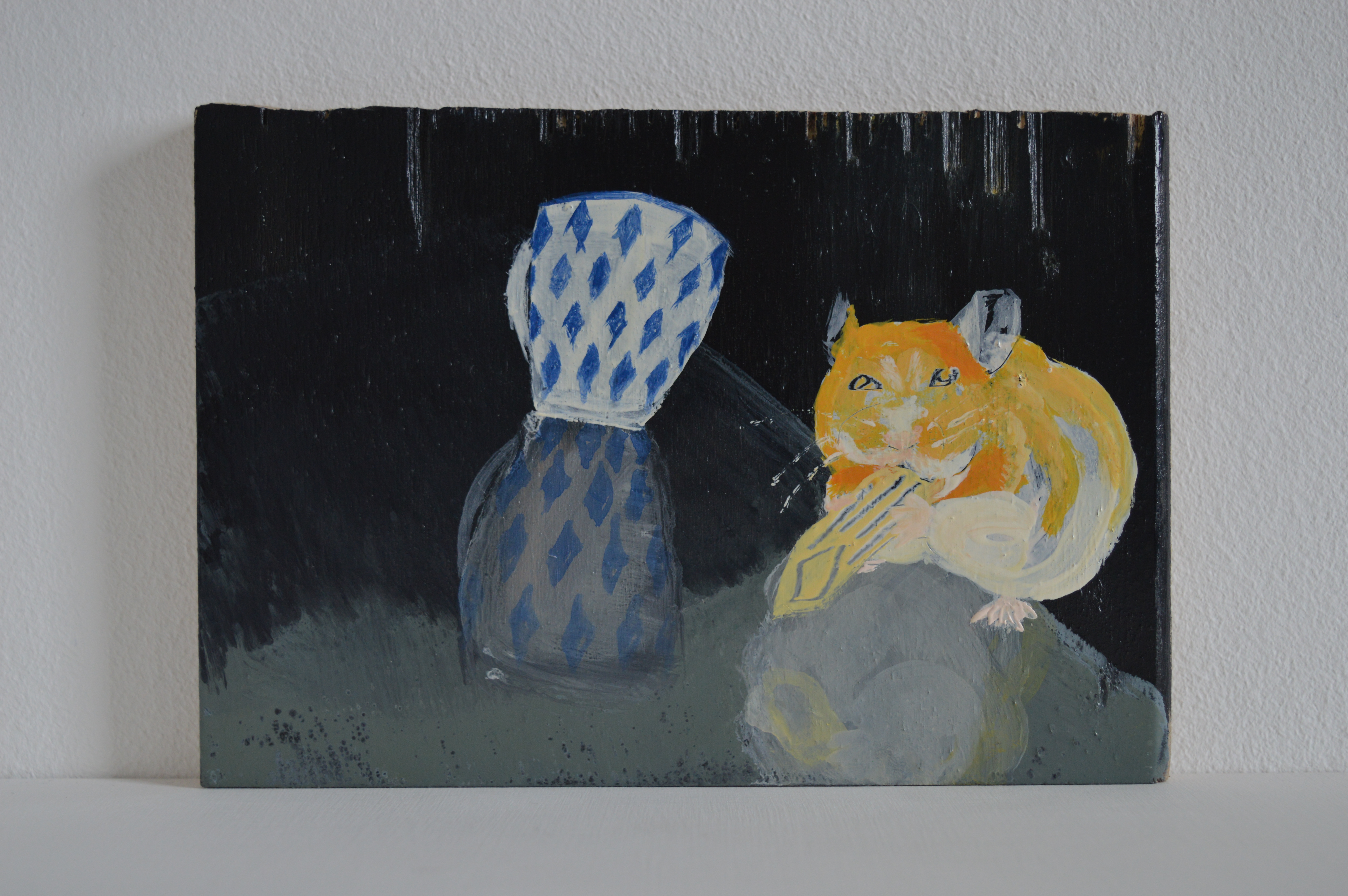 penne pierre   enamel on plywood, 10.5 x 15.5 cm   Pierre steals some penne, sat on a glass table top. 