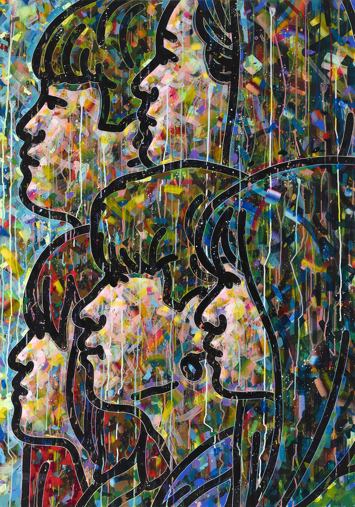 〈The Q #1(한국 청소년 퀴어 그룹 1)〉,2018, 캔버스에 아크릴, 색연필, 스프레이 페인트, 145.5 &times; 102cmThe Q #1(A Group of Korean Queer youth No.1),2018, acrylic, color pencil, spray paint on canvas, 145.5 &times; 102cm