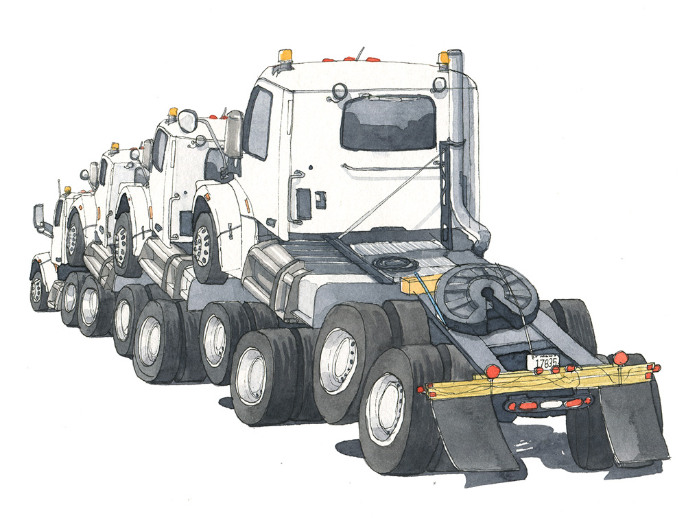 Stack of Trucks, pen and watercolor 11x14"